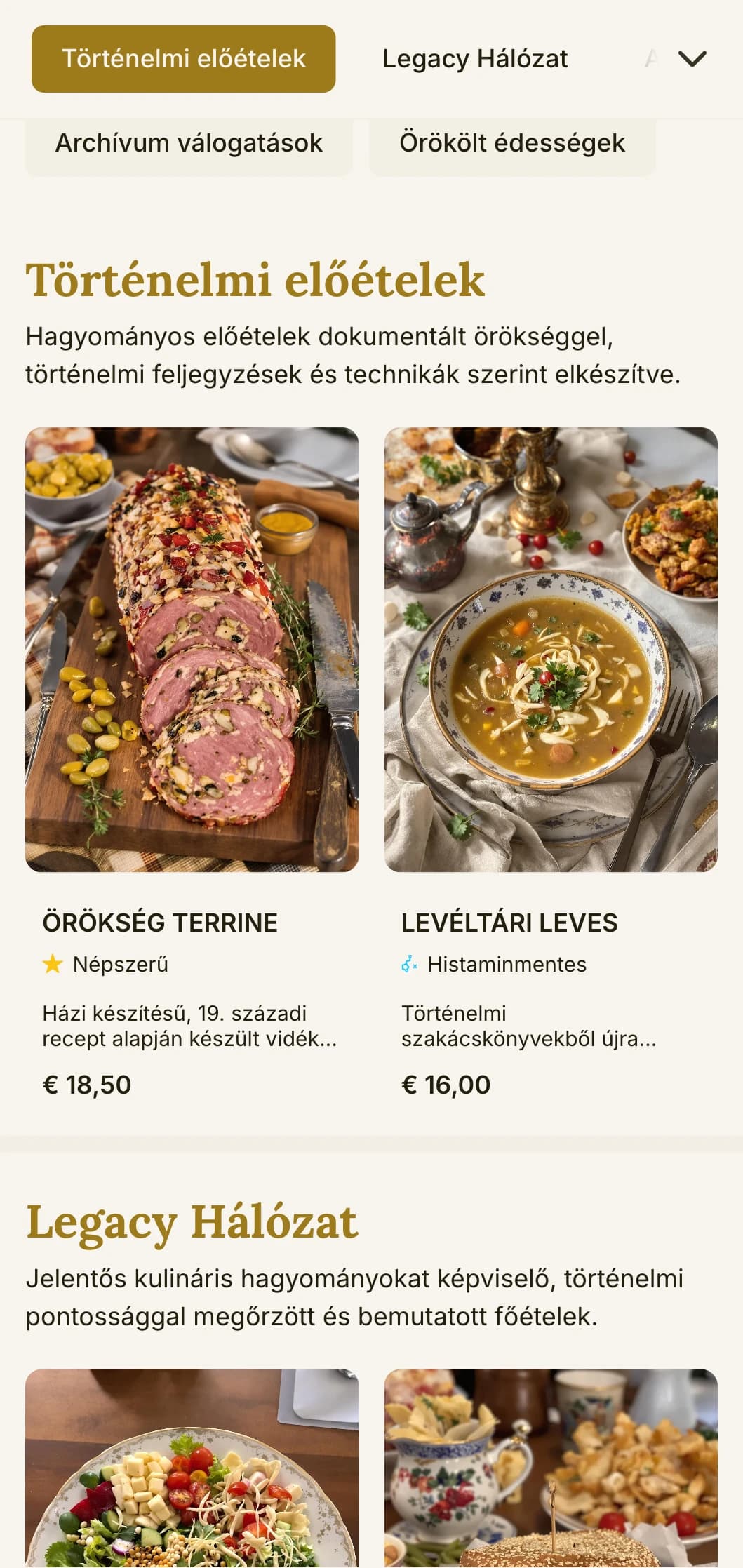 Történelmi, örökségközpontú ebédmenü-tervezés hagyományos elemekkel és időtlen tipográfiával, amely alkalmas a műemlék éttermek és nagy múltú létesítmények számára.