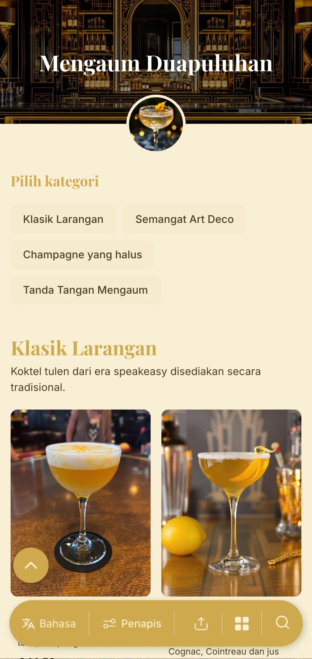 Reka bentuk emas dan hitam yang diilhamkan oleh glamor 1920-an untuk bar koktel kelas atas.