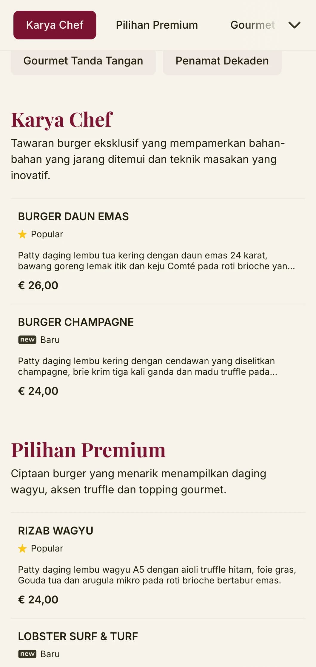 Makan burger yang tinggi dengan tipografi premium dan palet warna yang kaya untuk pengalaman burger kelas atas.