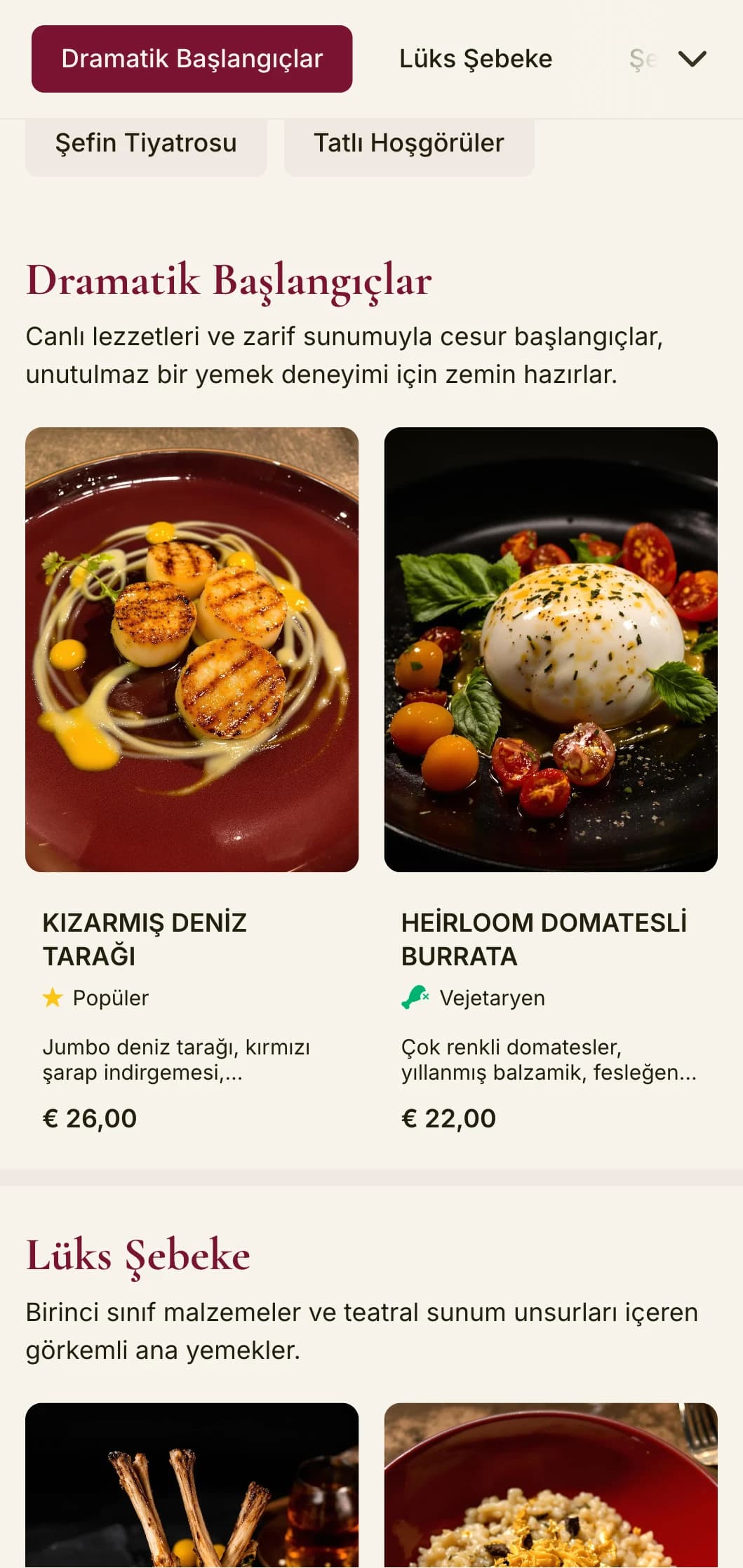 Koyu kırmızı tonlar ve lüks unsurlar içeren cesur ve dramatik bir akşam yemeği menüsü, teatral bir yeteneğe sahip lüks yemek mekanları için tasarlanmıştır.