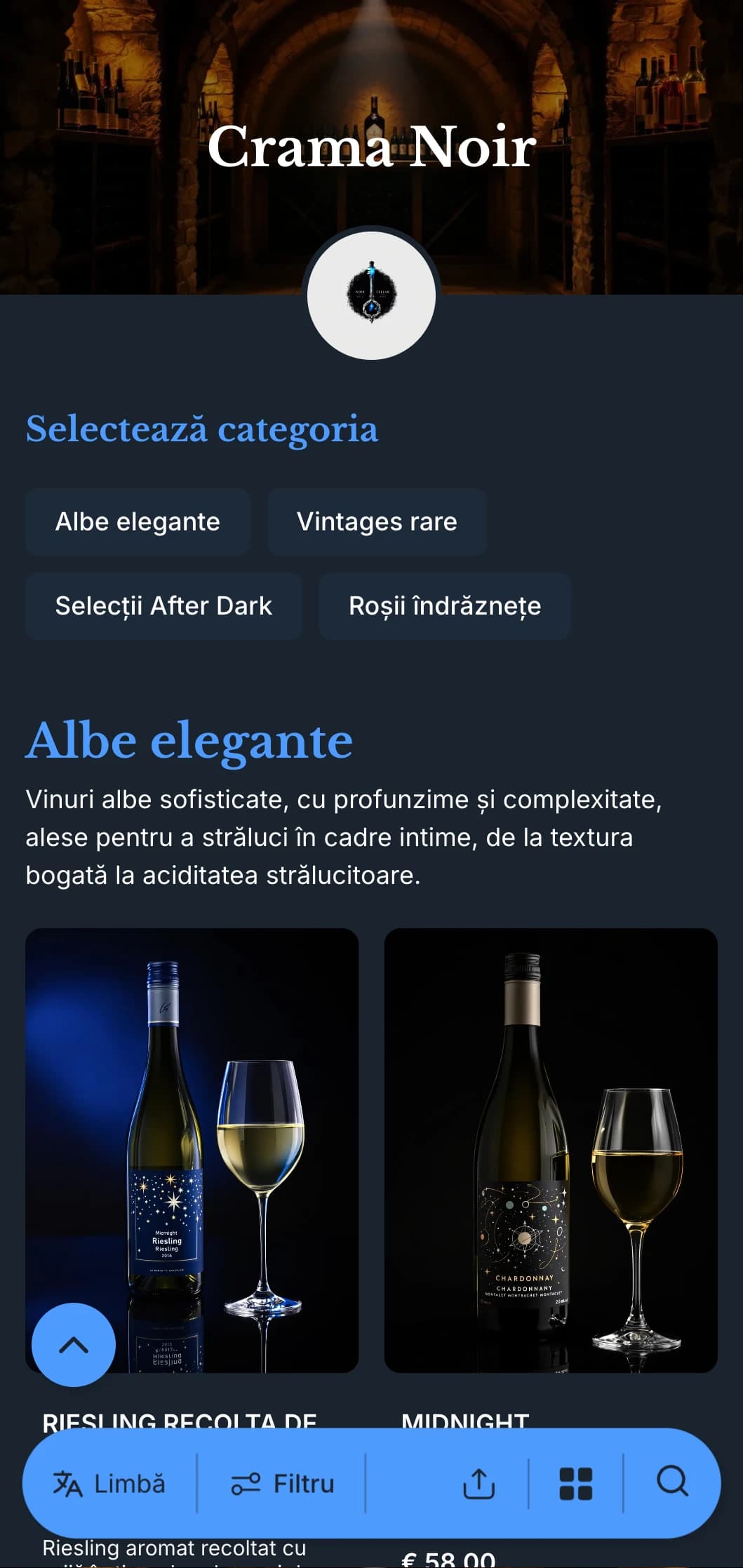 Șablon sofisticat cu tematică întunecată pentru lista de vinuri, cu accente albastre izbitoare pe fundaluri marine adânci, ideal pentru saloane de vinuri intime și localuri de seară.