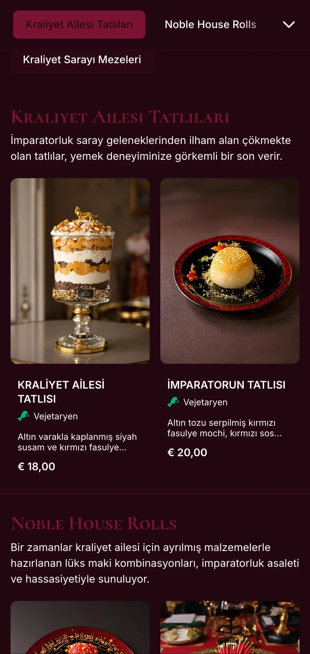 Birinci sınıf yemek deneyimleri için imparatorluk kırmızısı ve altın vurgular içeren lüks geleneksel suşi menüsü.