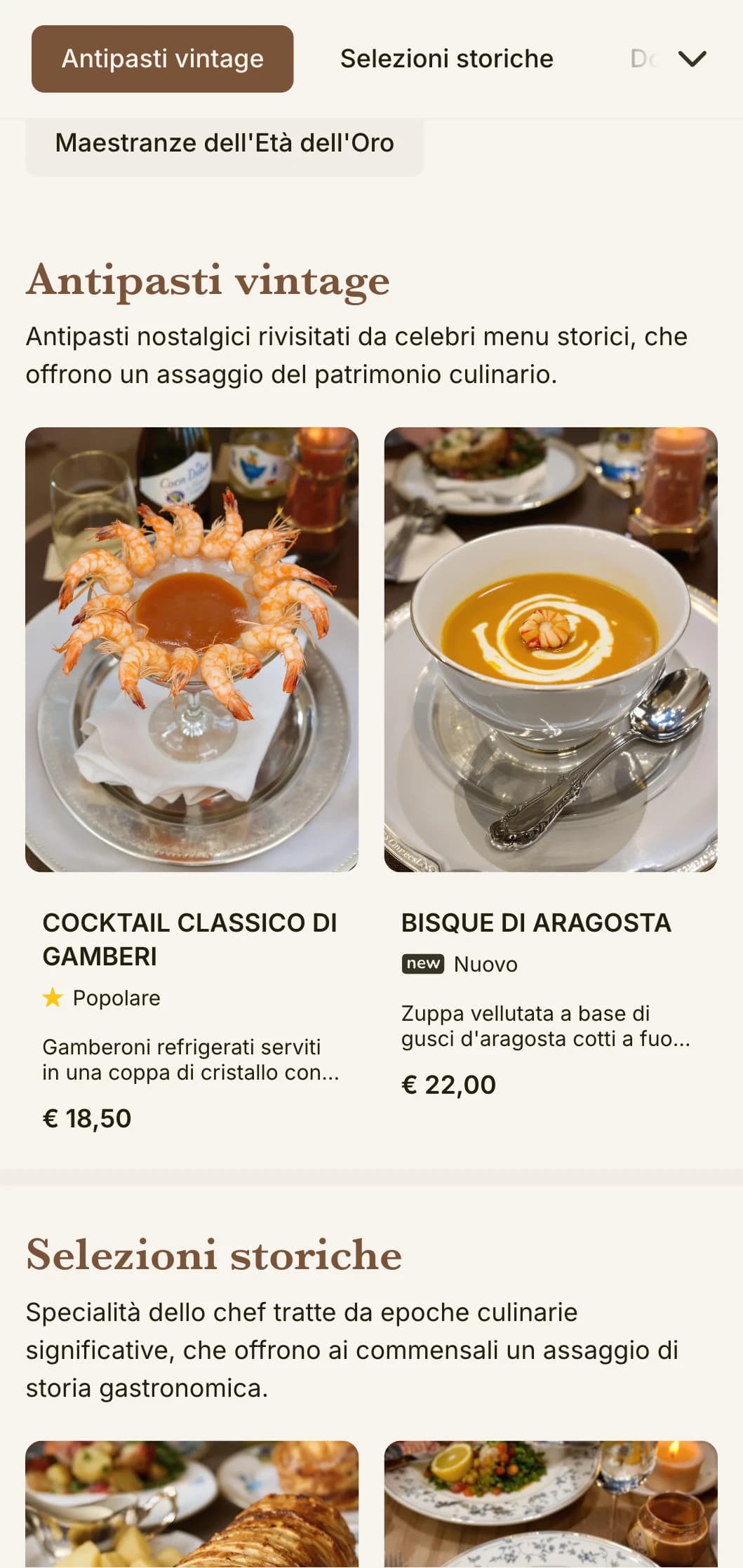 Design nostalgico del menu del pranzo ispirato all'età dell'oro, con riferimenti storici e dettagli raffinati, adatto a ristoranti storici con ricche tradizioni.