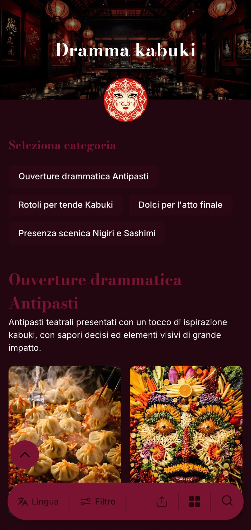 Menu di sushi teatrale ispirato al Kabuki tradizionale, caratterizzato da contrasti drammatici di rosso e nero.