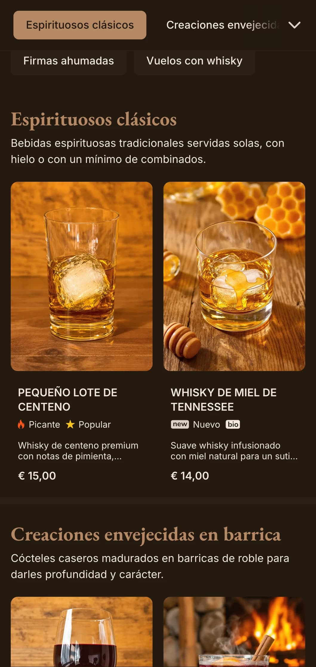 Tonos marrones intensos con tipografía clásica para bares de whisky y pubs tradicionales.