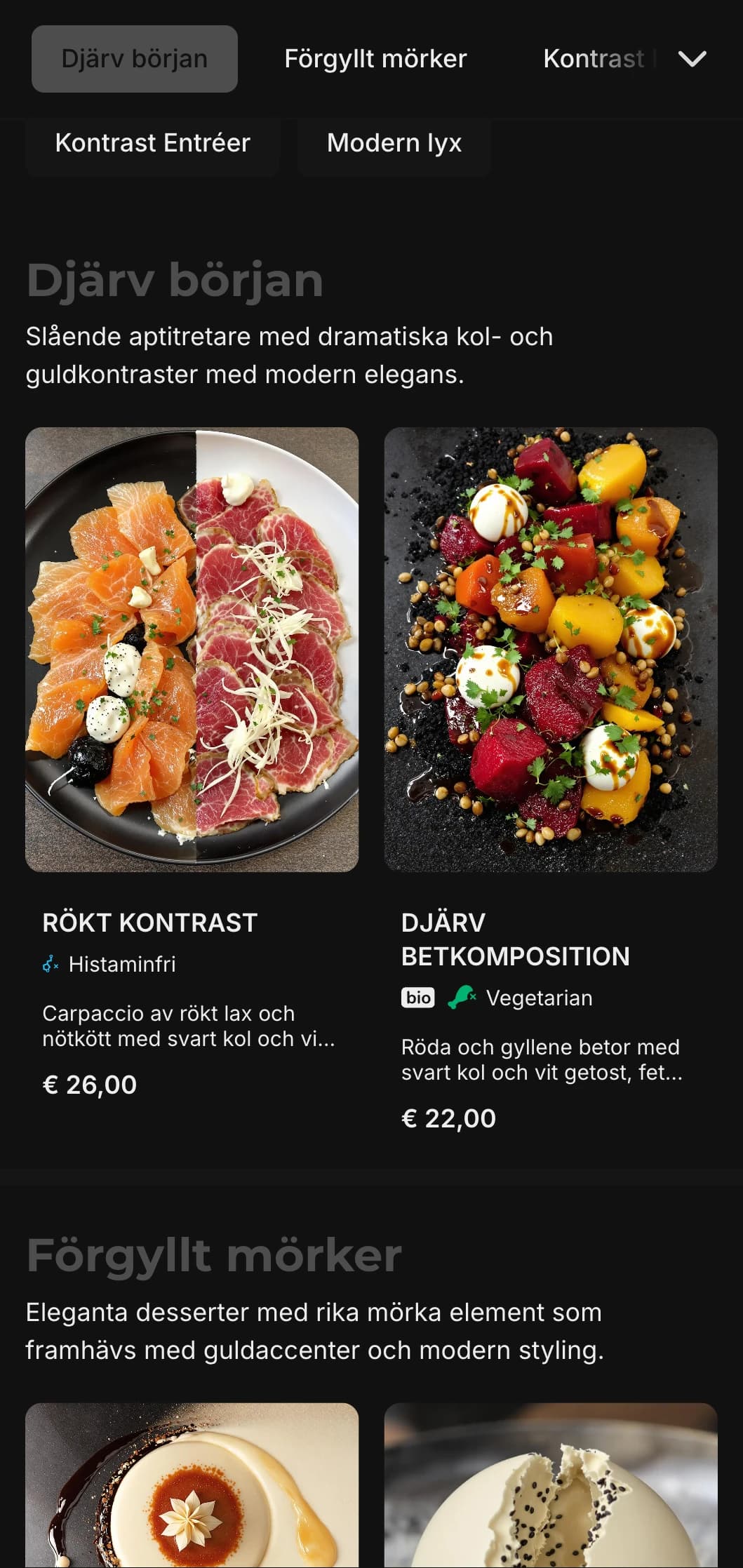 Djärvt modernt koncept som kombinerar djupa koltoner med lyxiga guldaccenter.