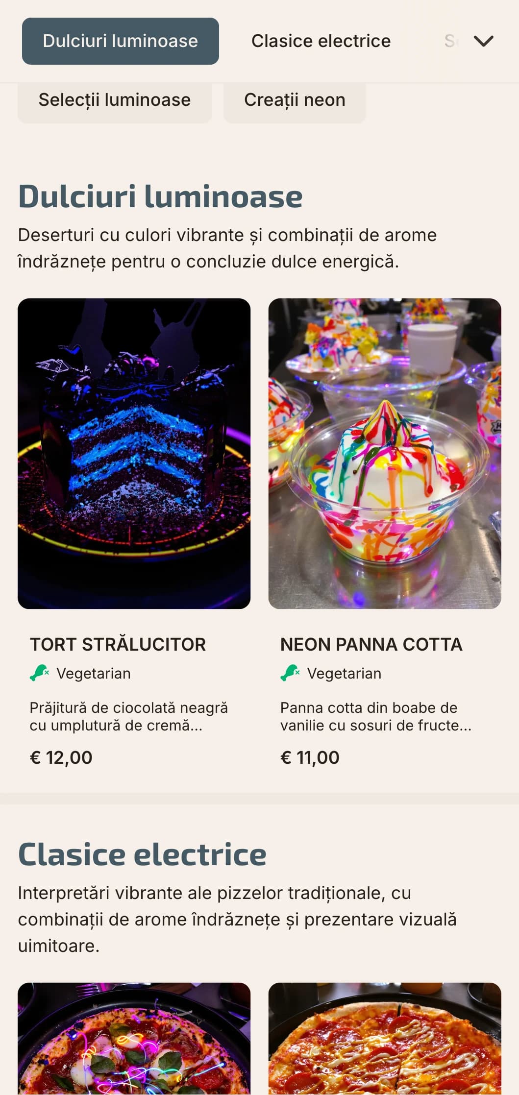 Meniu contemporan de pizza cu accente de neon și estetică urbană modernă.