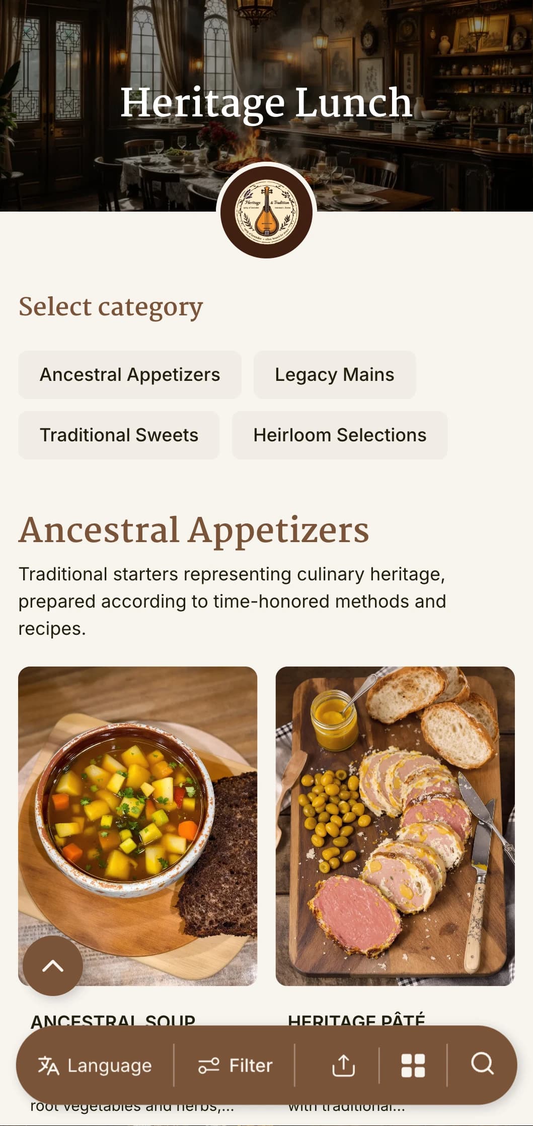 Traditional, heritage-inspired lunch menu design with historical elements and timeless typography, perfect for landmark restaurants and establishments with cultural significance.