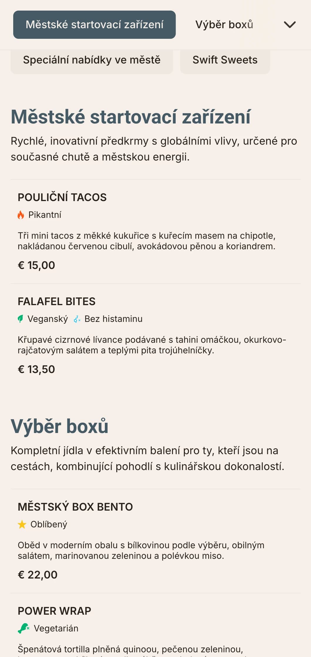 Odvážný, moderní design poledního menu pro rychlé občerstvení s dynamickou typografií a efektivním uspořádáním pro městské profesionály, kteří hledají kvalitní polední jídlo.
