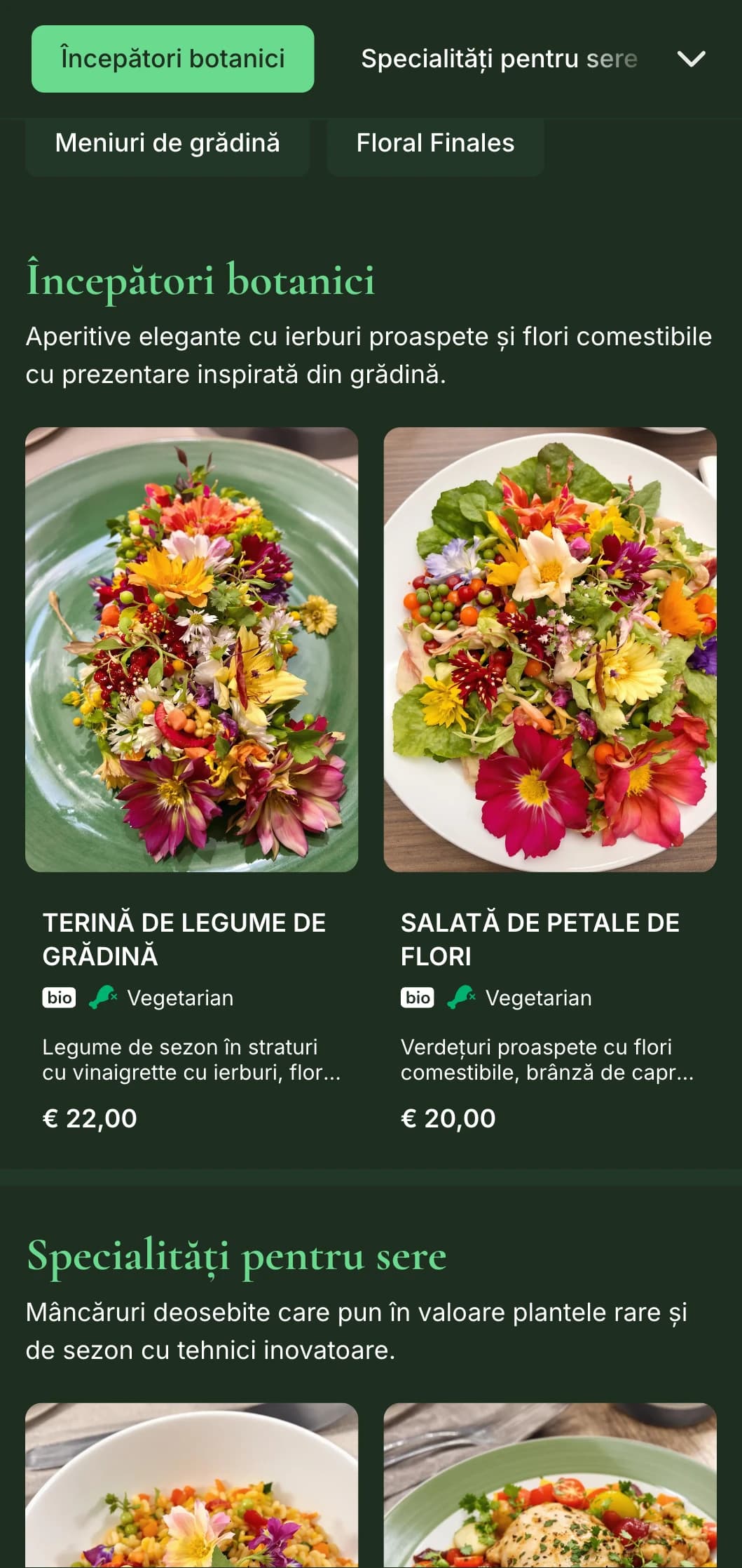 Un meniu de cină elegant cu elemente botanice luxuriante și tonuri de verde intens, conceput pentru o cină rafinată inspirată de grădină.