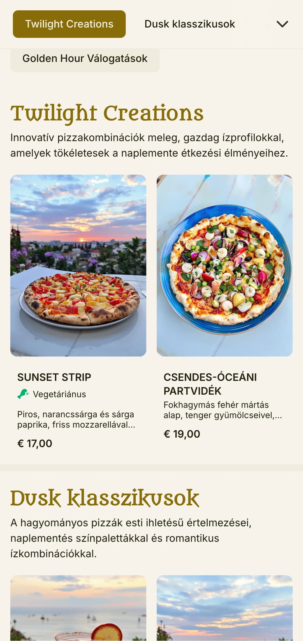 Élénk esti témájú pizzamenü naplemente színpalettával és romantikus elemekkel.