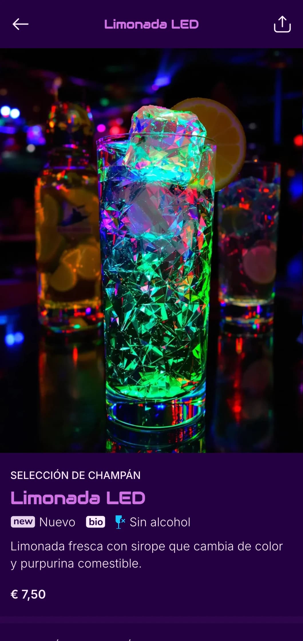 Atrevido diseño púrpura inspirado en el neón para discotecas y bares de baile llenos de energía.