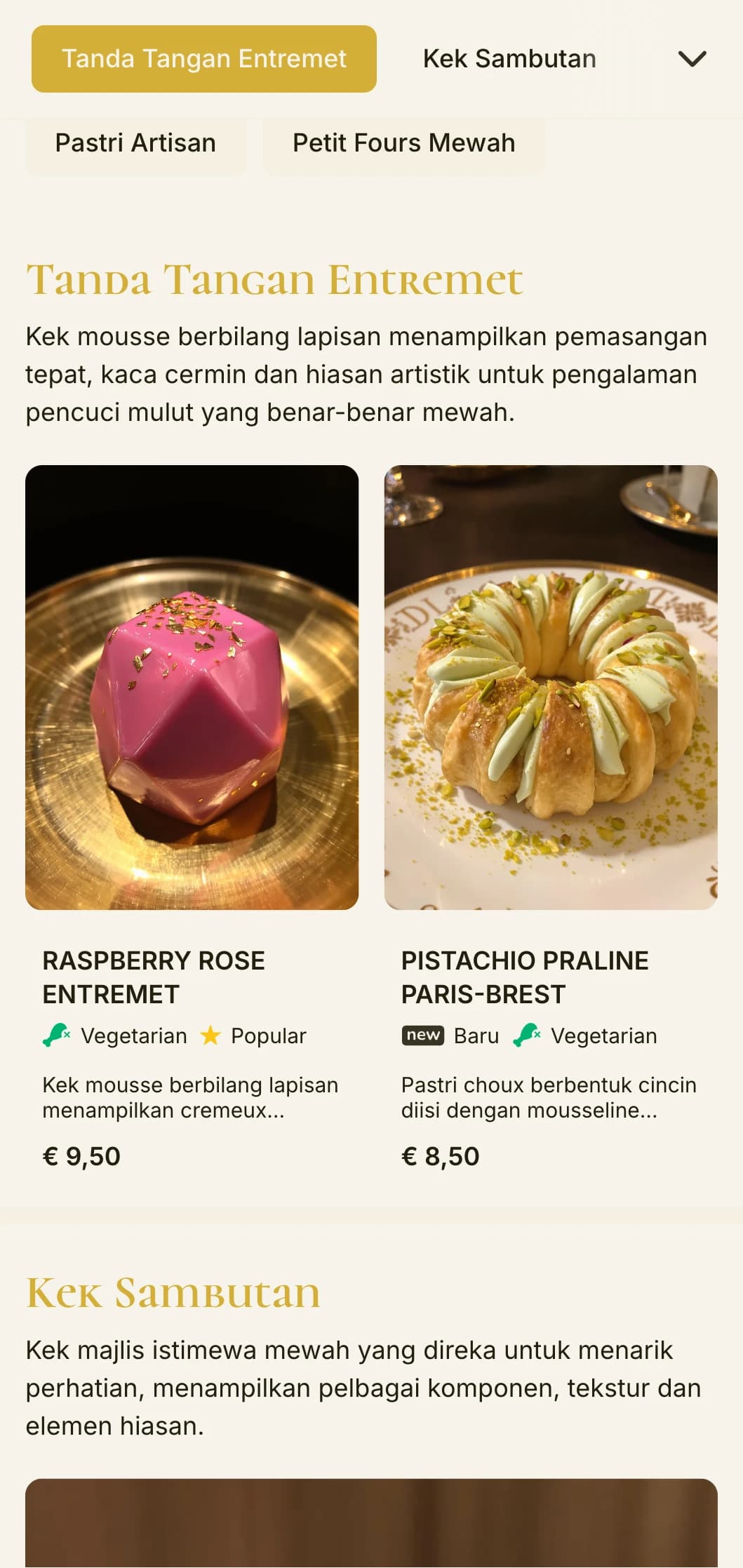 Reka bentuk menu bakeri beraksen emas yang mewah dengan warna yang kaya dan tipografi yang canggih, sesuai untuk patisserie mewah dan kedai pencuci mulut mewah.