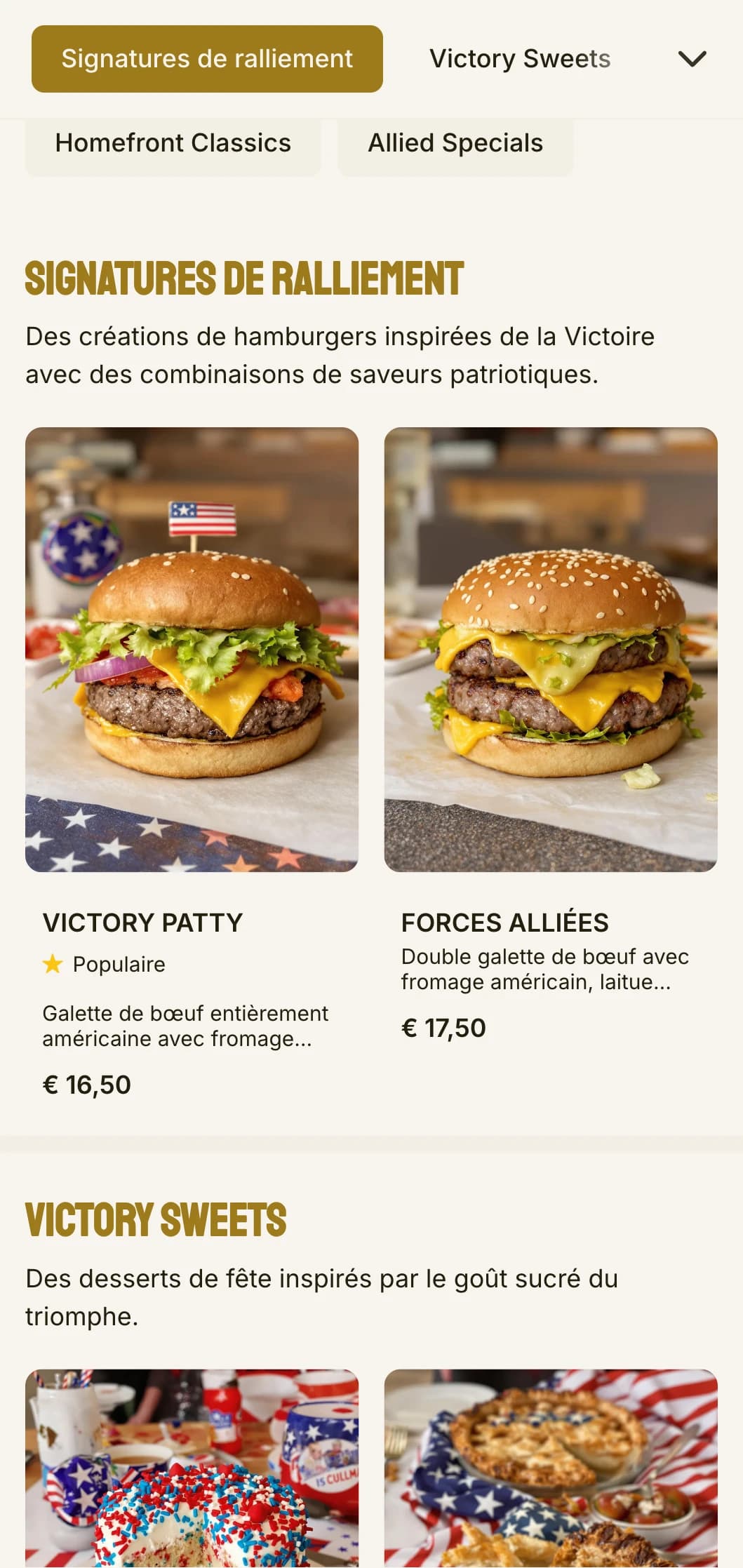 Cantine à hamburgers inspirée de l'époque de la Seconde Guerre mondiale, avec jardin de la victoire et éléments patriotiques.