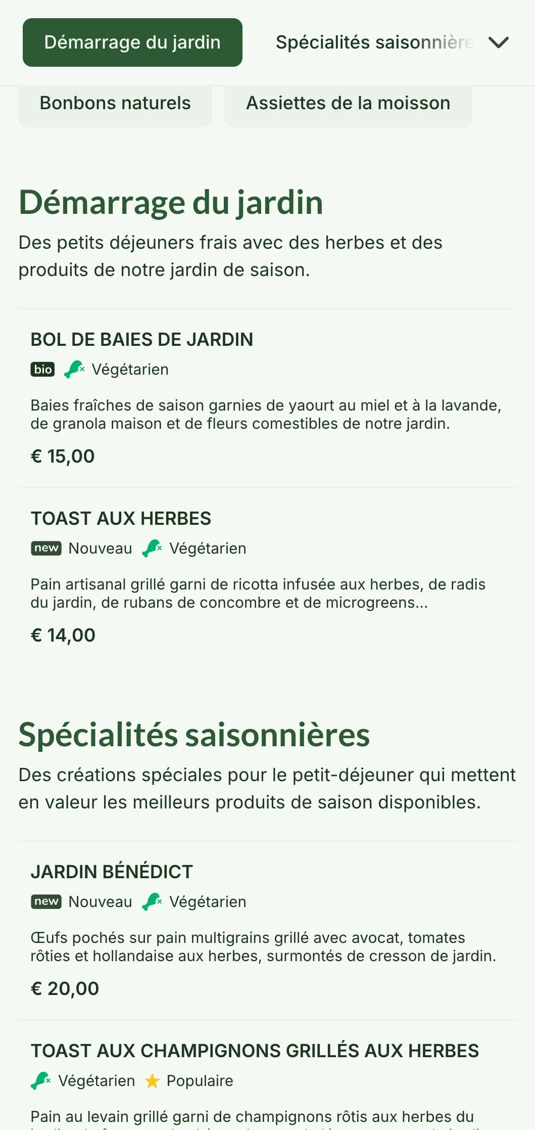 Des plats de petit-déjeuner inspirés par la nature, avec des produits de saison et des ingrédients biologiques dans une présentation rafraîchissante.