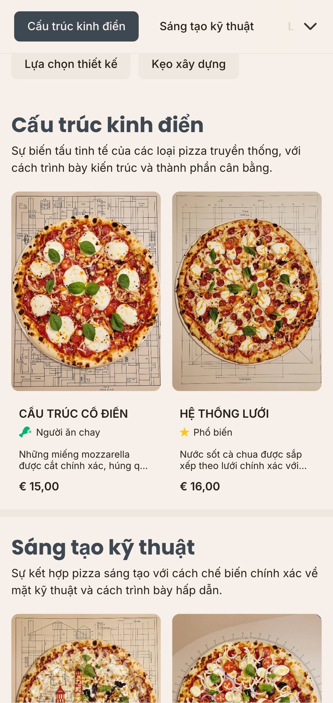 Thực đơn pizza lấy cảm hứng từ kiến trúc với cách bố trí chính xác và tính thẩm mỹ kỹ thuật.