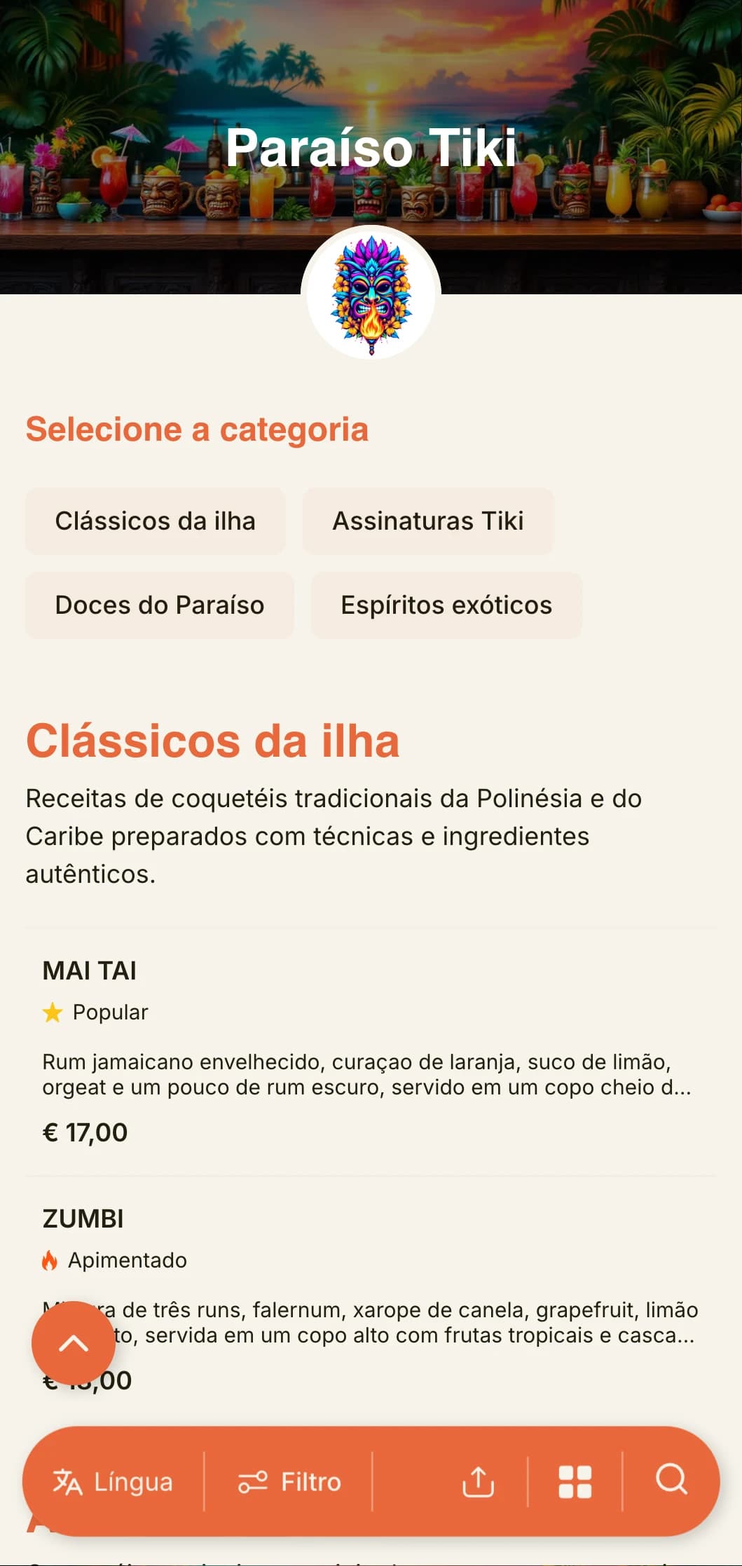 Um design exótico e vibrante para bares tiki e lounges de coquetéis tropicais, com tipografia divertida e cores quentes.