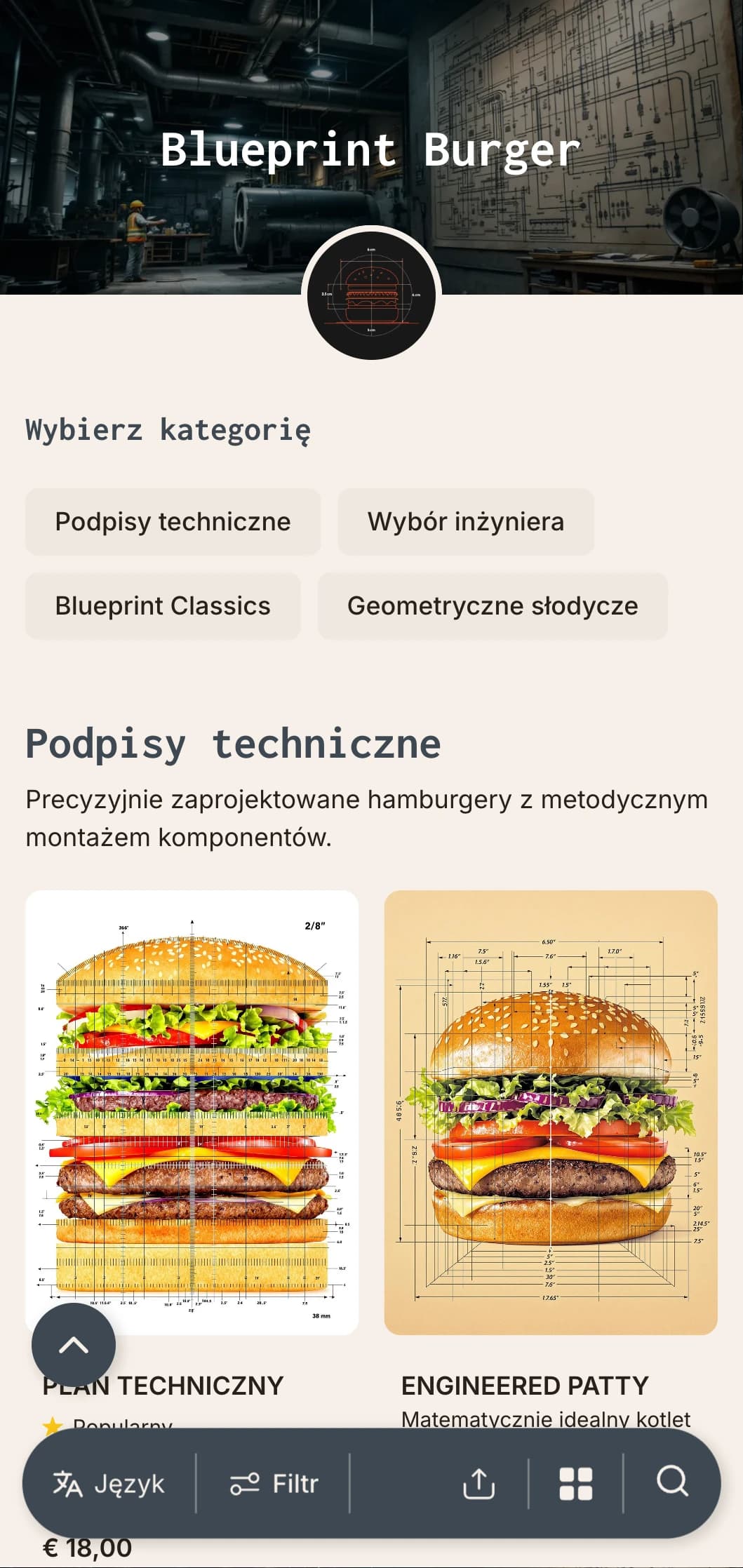 Rysunek techniczny inspirowany koncepcją hamburgera z precyzją i elementami architektonicznymi.