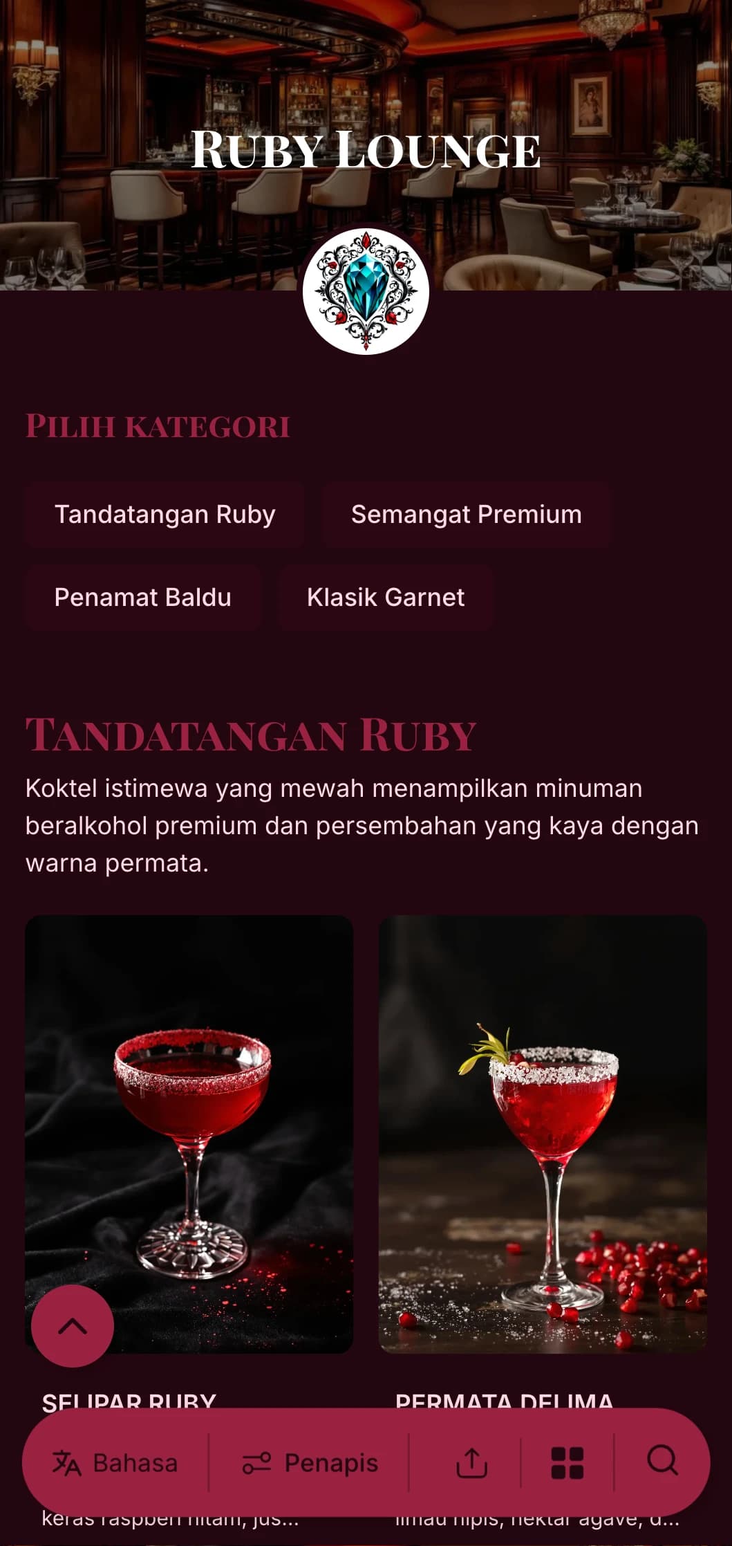Reka bentuk mewah berwarna permata untuk bar dan lounge koktel kelas atas yang menampilkan aksen delima yang mewah dan tipografi yang elegan.