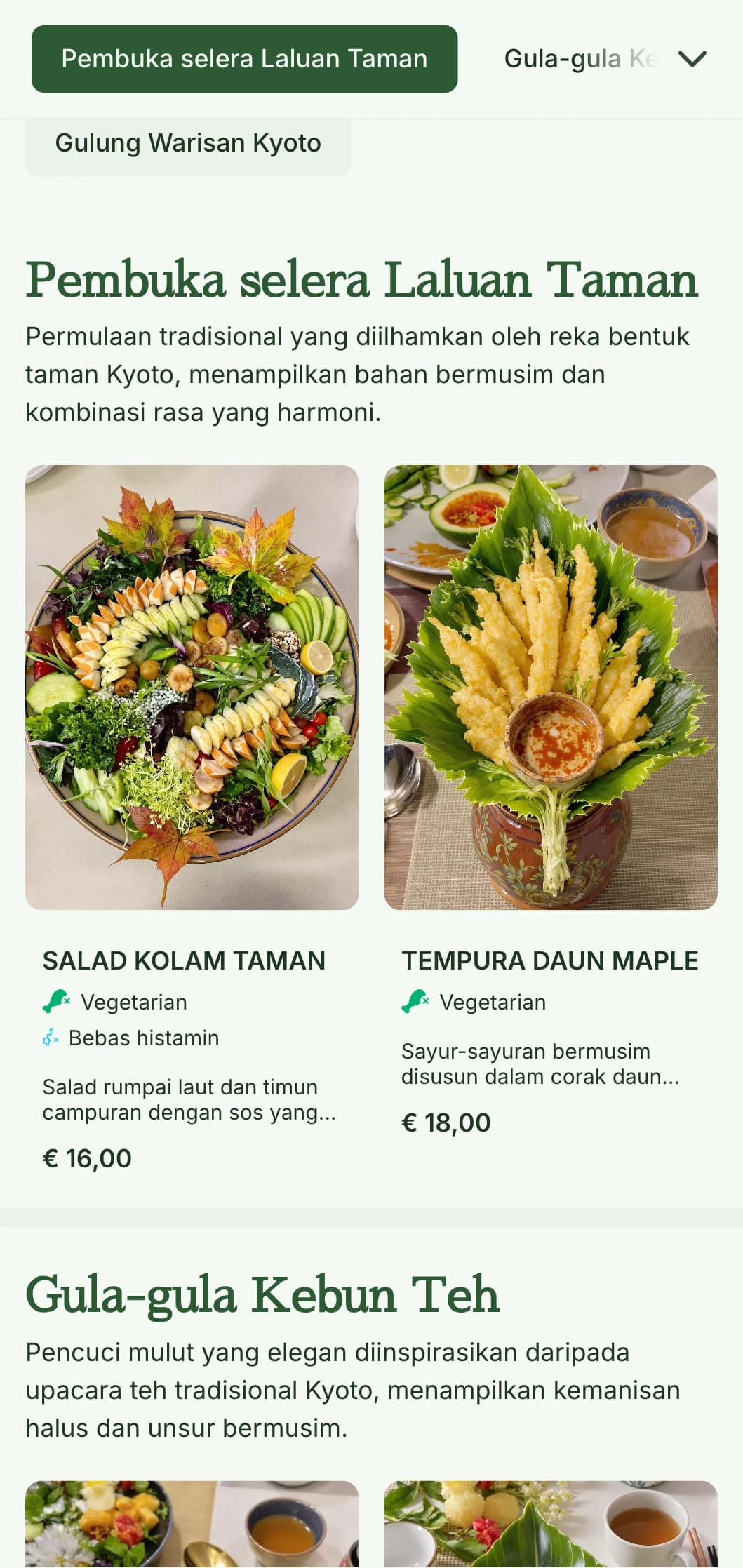 Menu sushi inspirasi taman tradisional Jepun dengan rona hijau yang tenang dan unsur klasik.