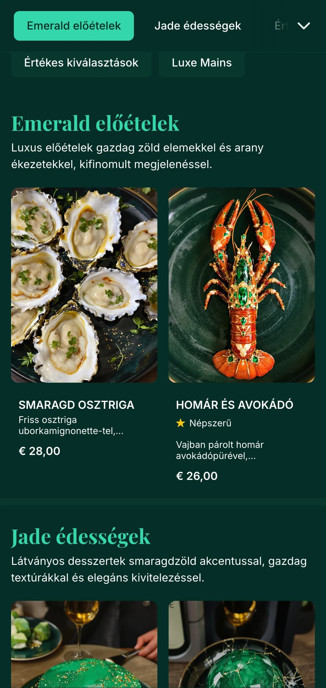A gazdag smaragdzöld tónusokat és aranyszínű hangsúlyokat tartalmazó, előkelő éttermekbe tervezett fényűző vacsora menü.