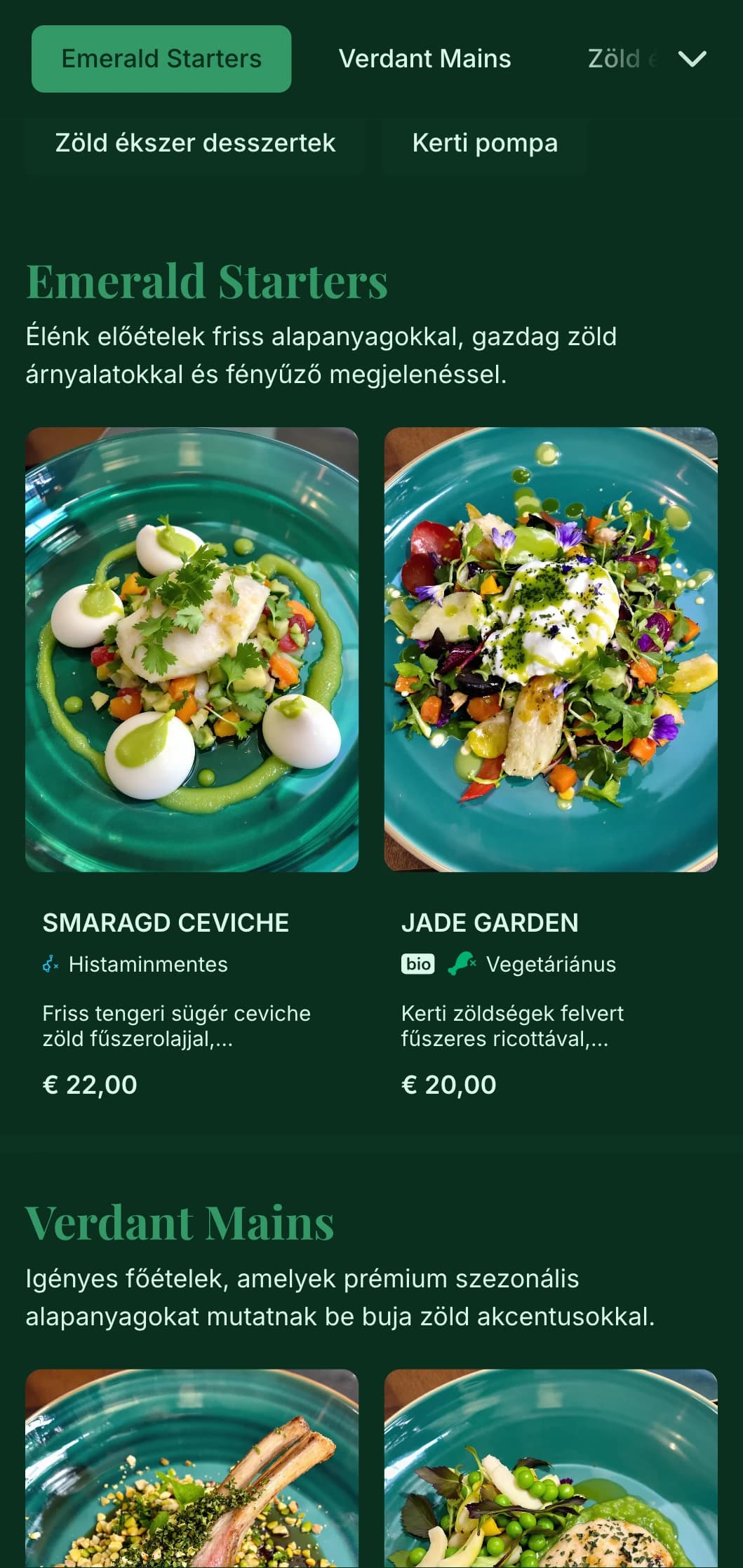 Gazdag, vibráló zöld témájú luxus koncepció, amelyet a drága smaragdok és a buja kertek ihlettek.