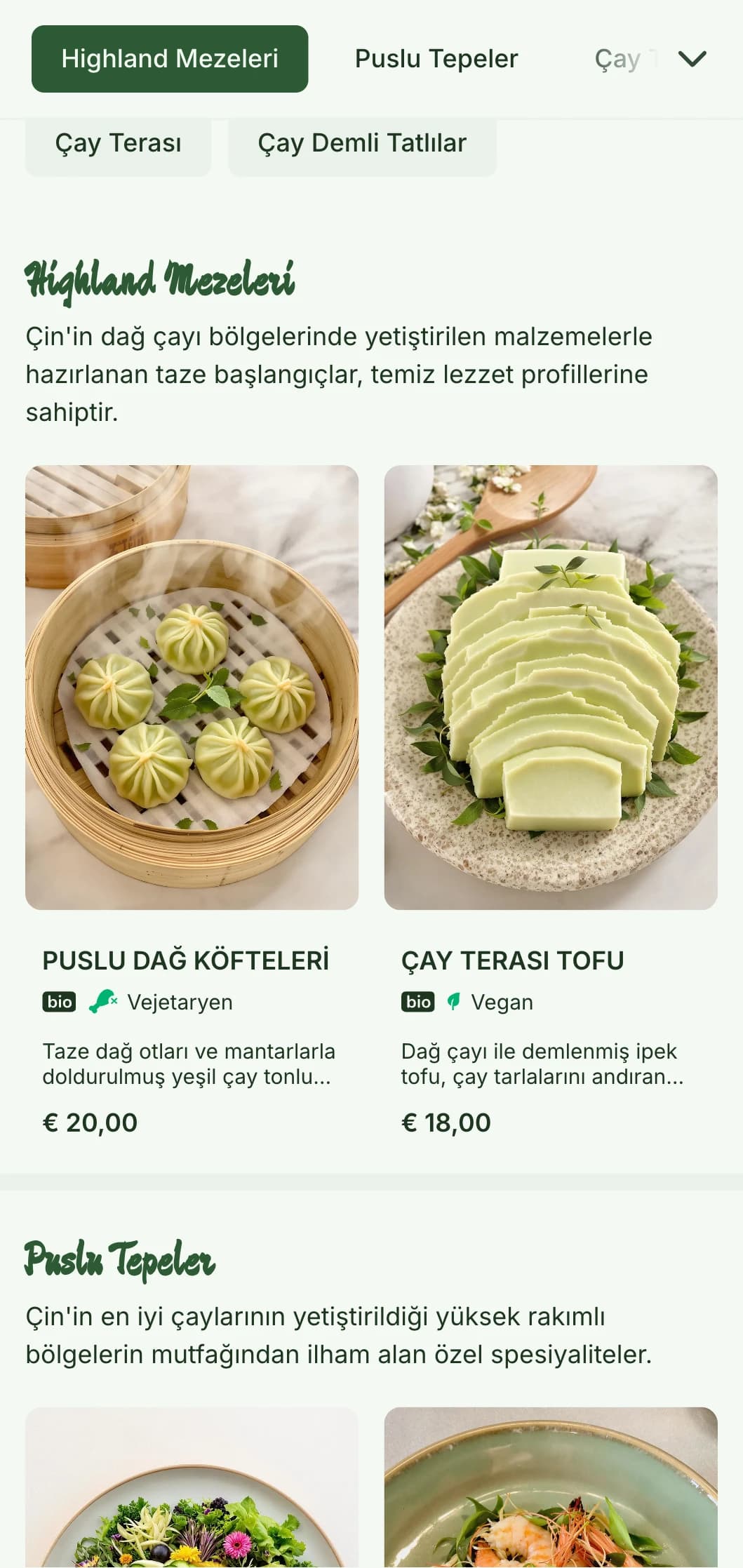 Dağ çay tarlalarından esinlenen sakin Çin menüsü tasarımı, çay ile aşılanmış mutfak için taze unsurlar içeriyor.