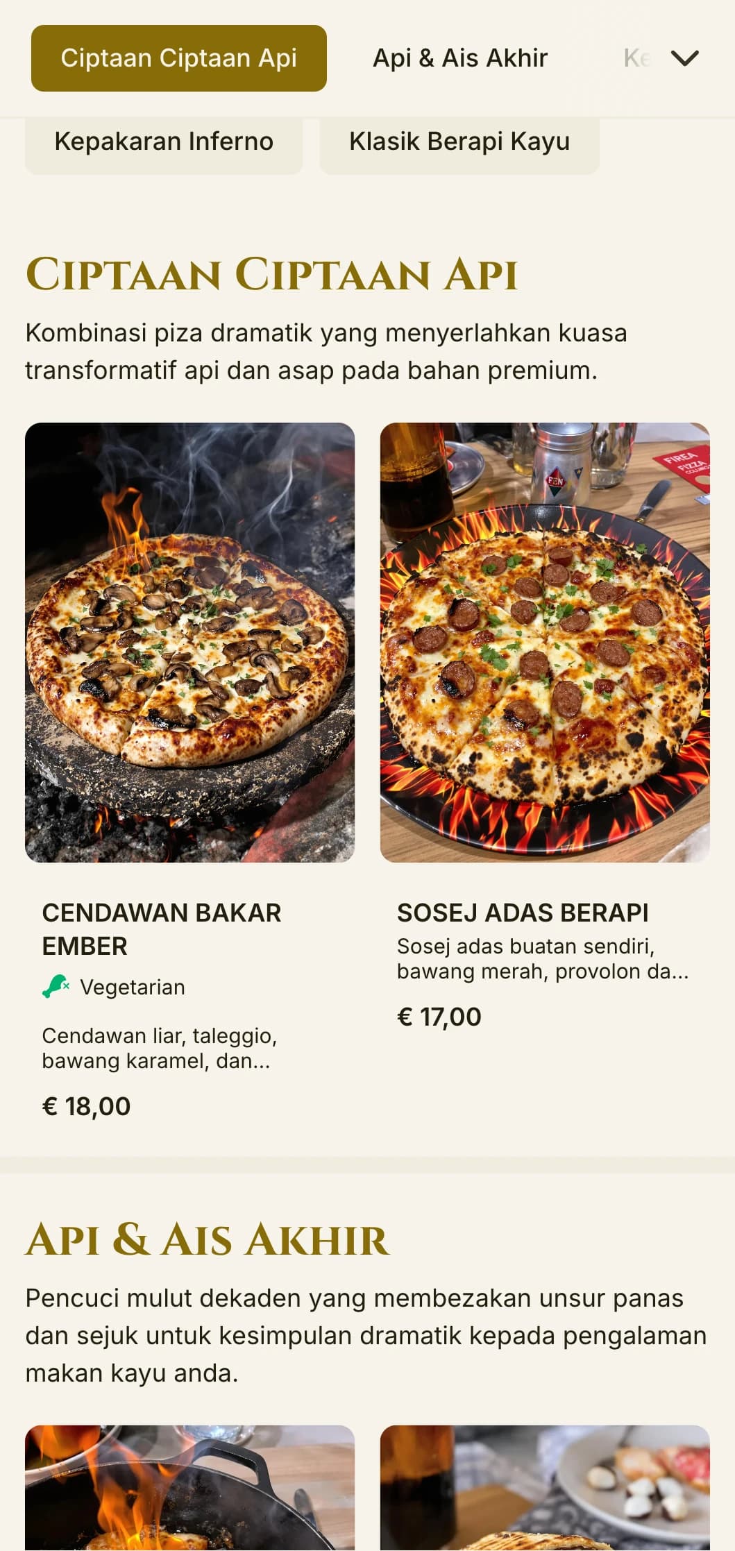 Menu piza dramatik yang menampilkan warna yang kaya dan tipografi yang berani untuk pakar yang menggunakan kayu.