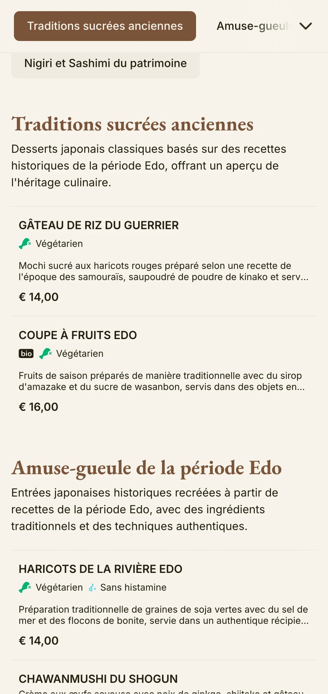 Menu de sushis d'inspiration japonaise historique présentant une esthétique traditionnelle de la période Edo avec une typographie classique.