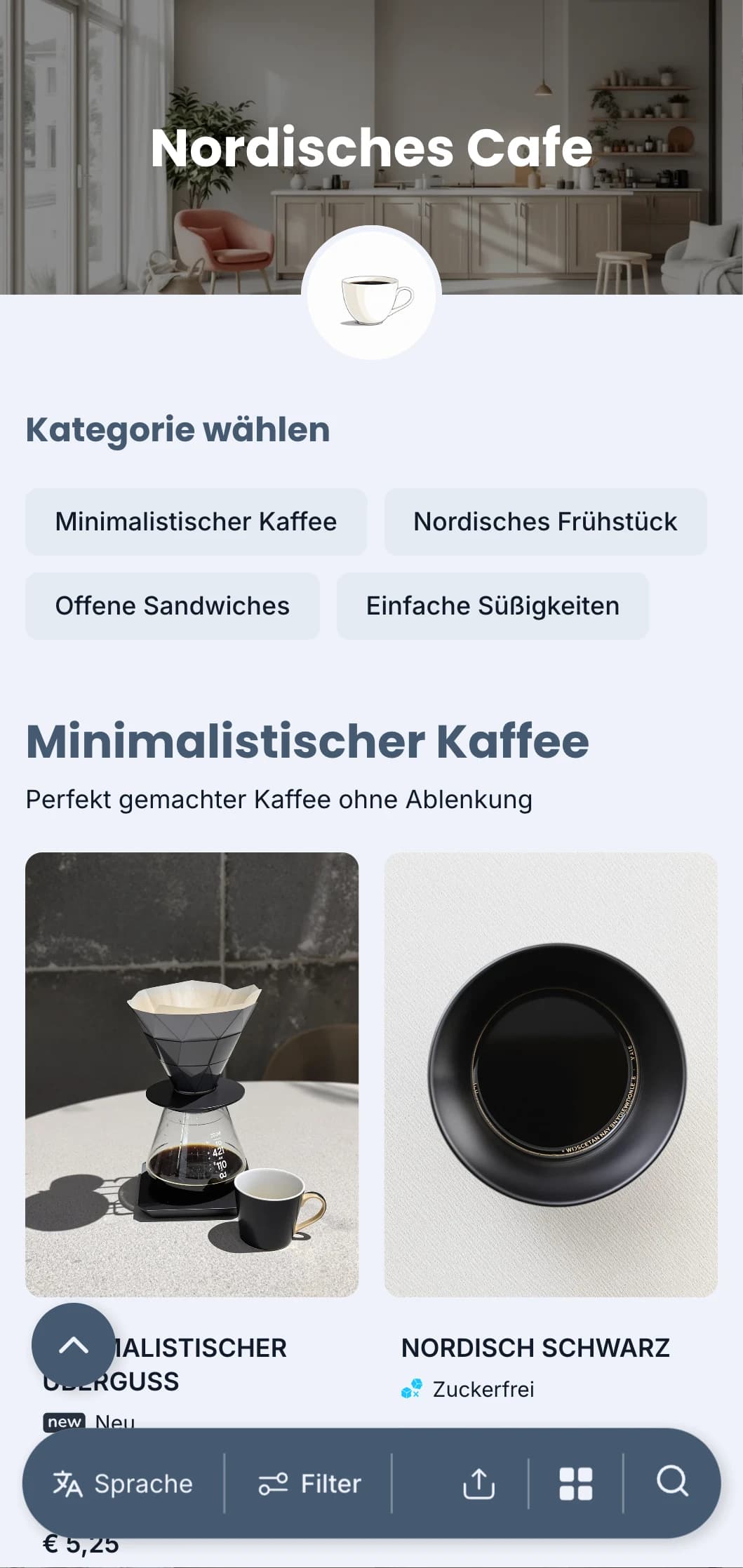 Klares, skandinavisch inspiriertes Design mit kühlen Blautönen für moderne, minimalistische Cafés.