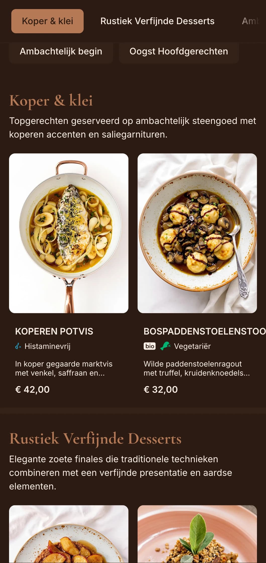 Verfijnde rustieke elegantie met warme kopertinten en salie-accenten, perfect voor verfijnde boerderij-tot-tafel en seizoensgebonden verfijnd dineren.