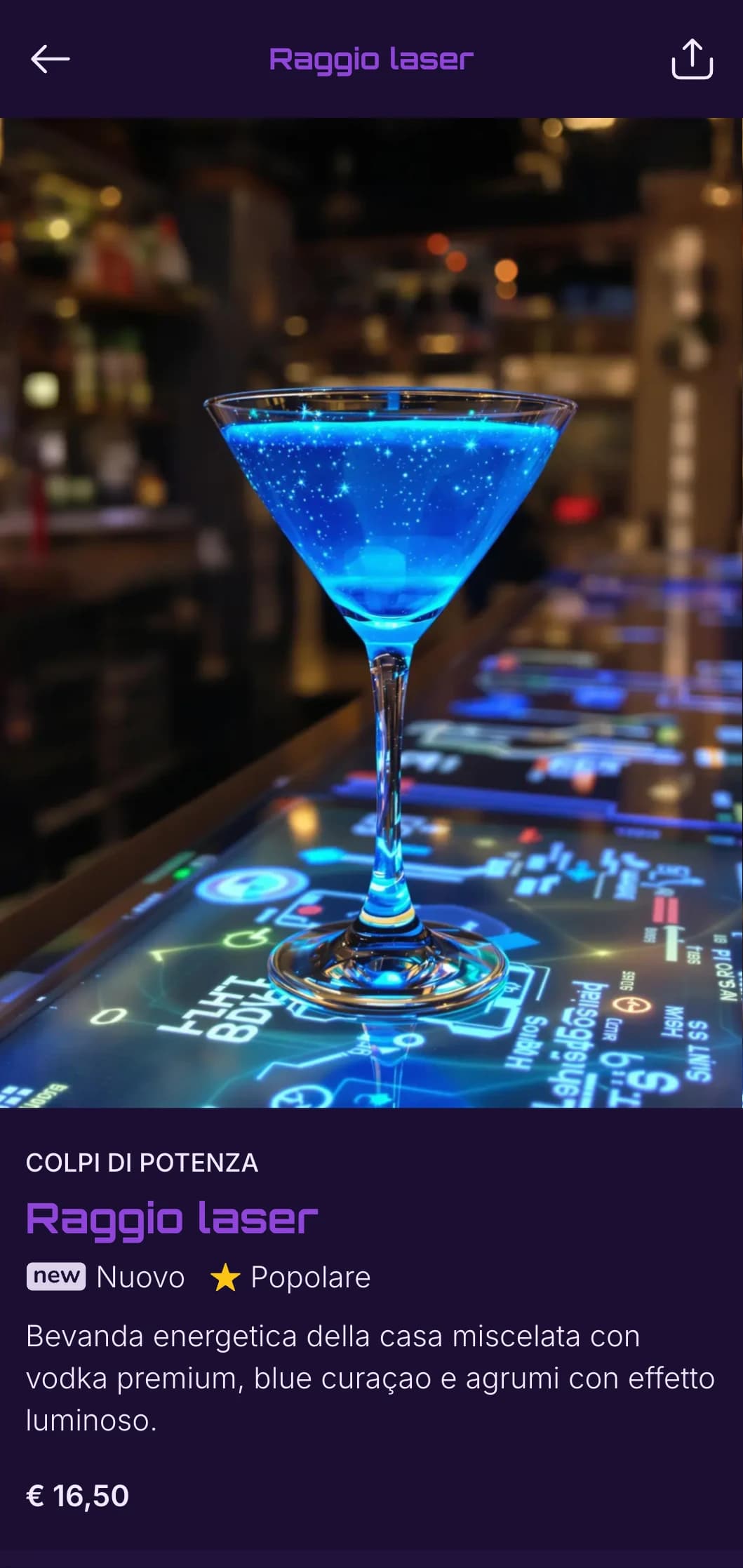 Design ad alta energia in viola e nero con motivi elettrici per bar di discoteche.