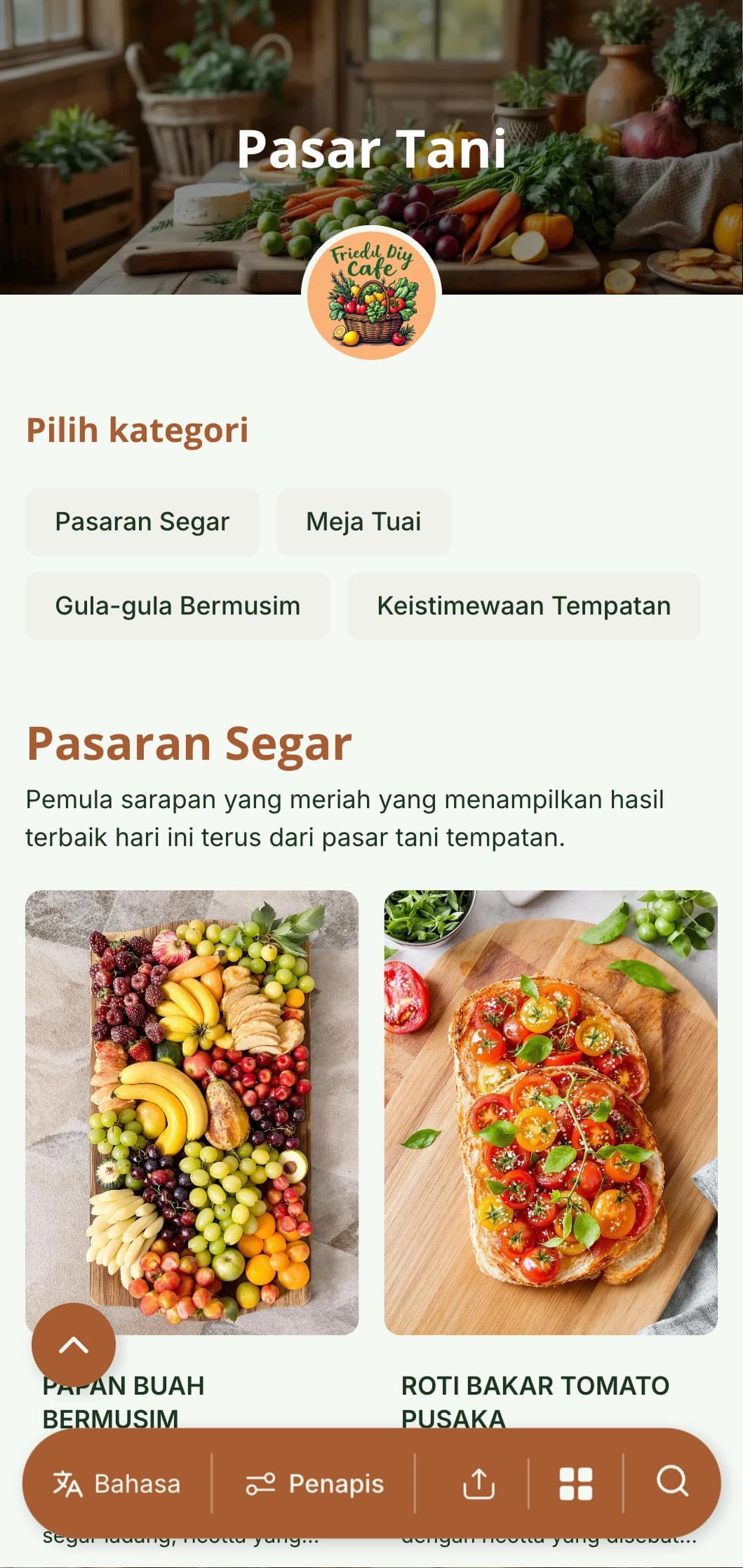 Templat makan tengah hari bermusim yang segar dengan unsur desa, sesuai untuk kafe dari ladang ke meja yang menampilkan hasil tempatan.