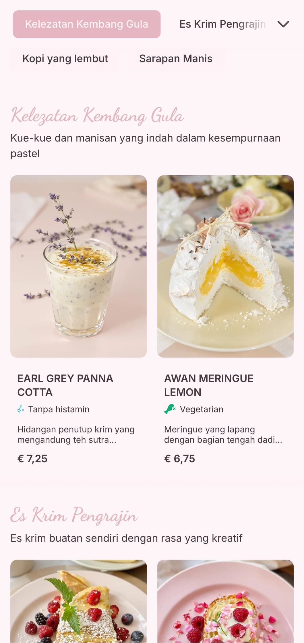 Desain pastel yang manis dengan elemen yang menyenangkan untuk kafe pencuci mulut dan ruang es krim.