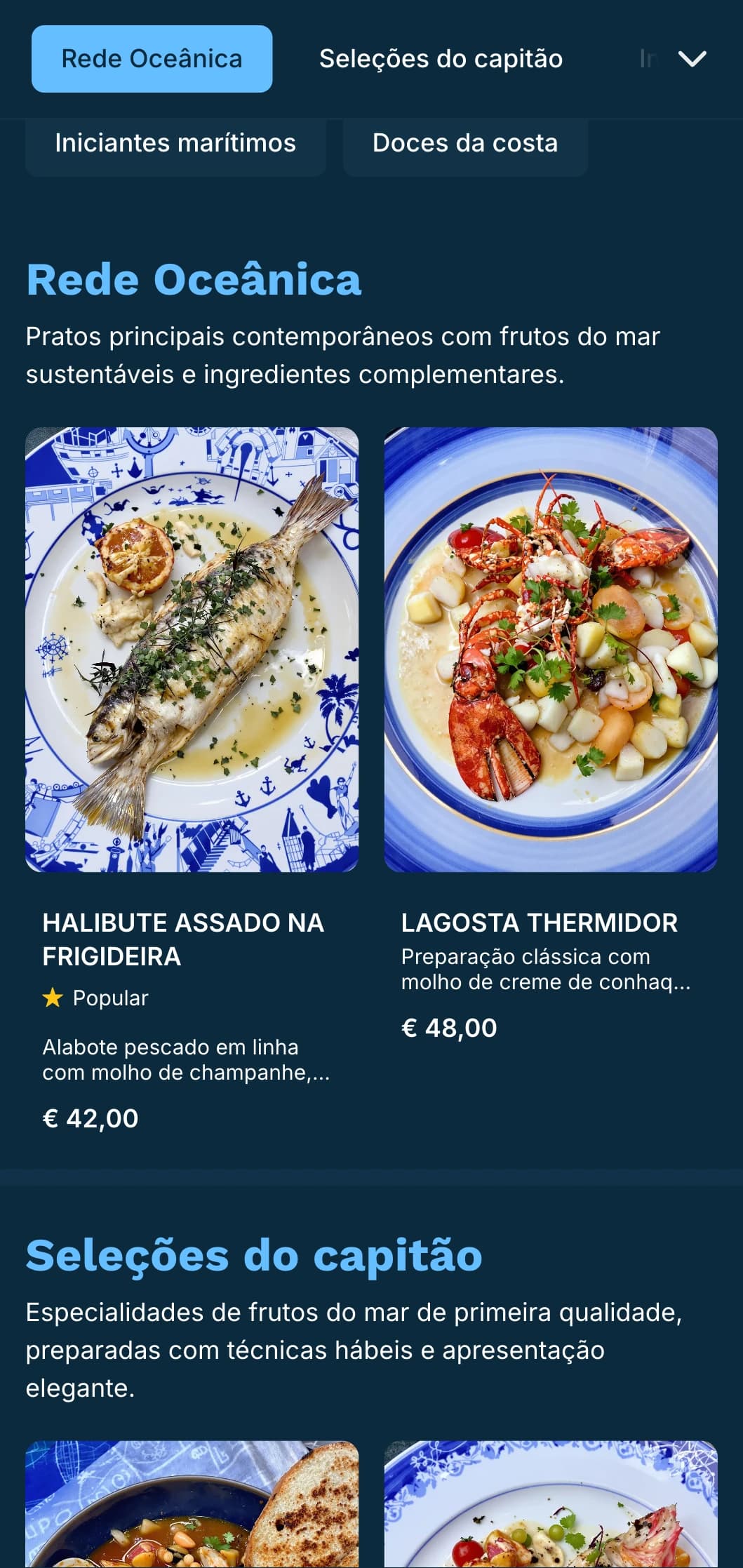 Um cardápio de jantar nítido, em tons de azul, com influências náuticas, perfeito para restaurantes sofisticados de frutos do mar.