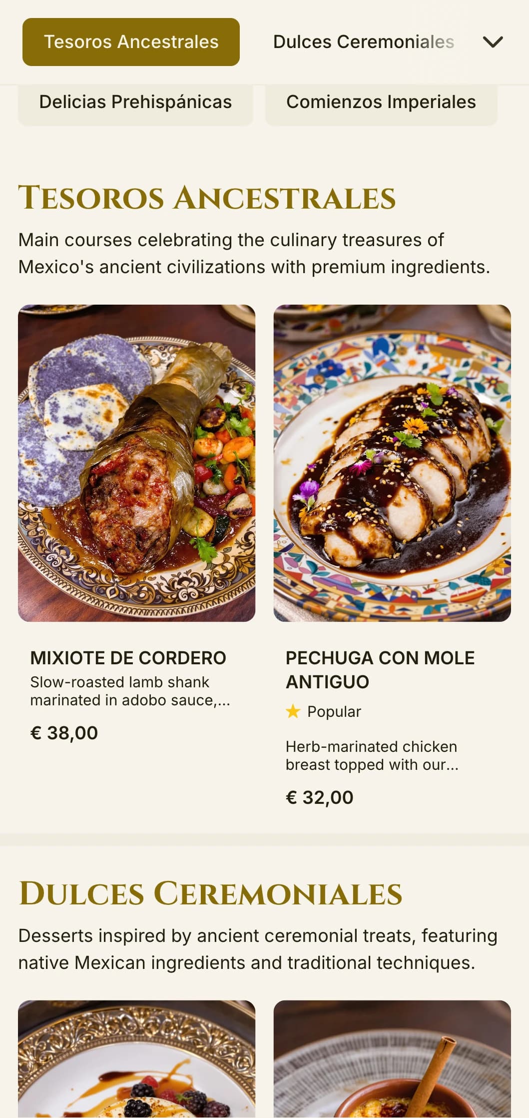 Elegant menu inspired by ancient Aztec culture featuring luxurious gold accents, historic symbolism, and premium traditional dishes on ivory parchment.