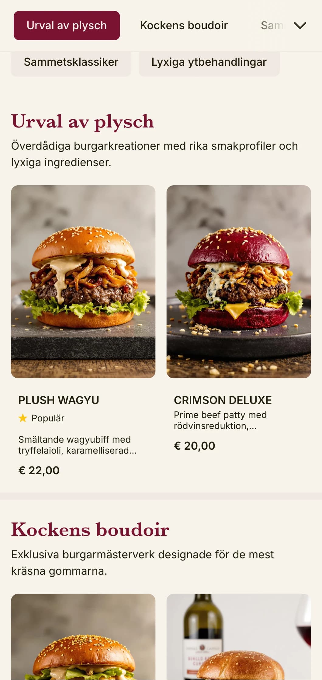 Lyxig hamburgerlounge med rika texturer och överdådig presentation.