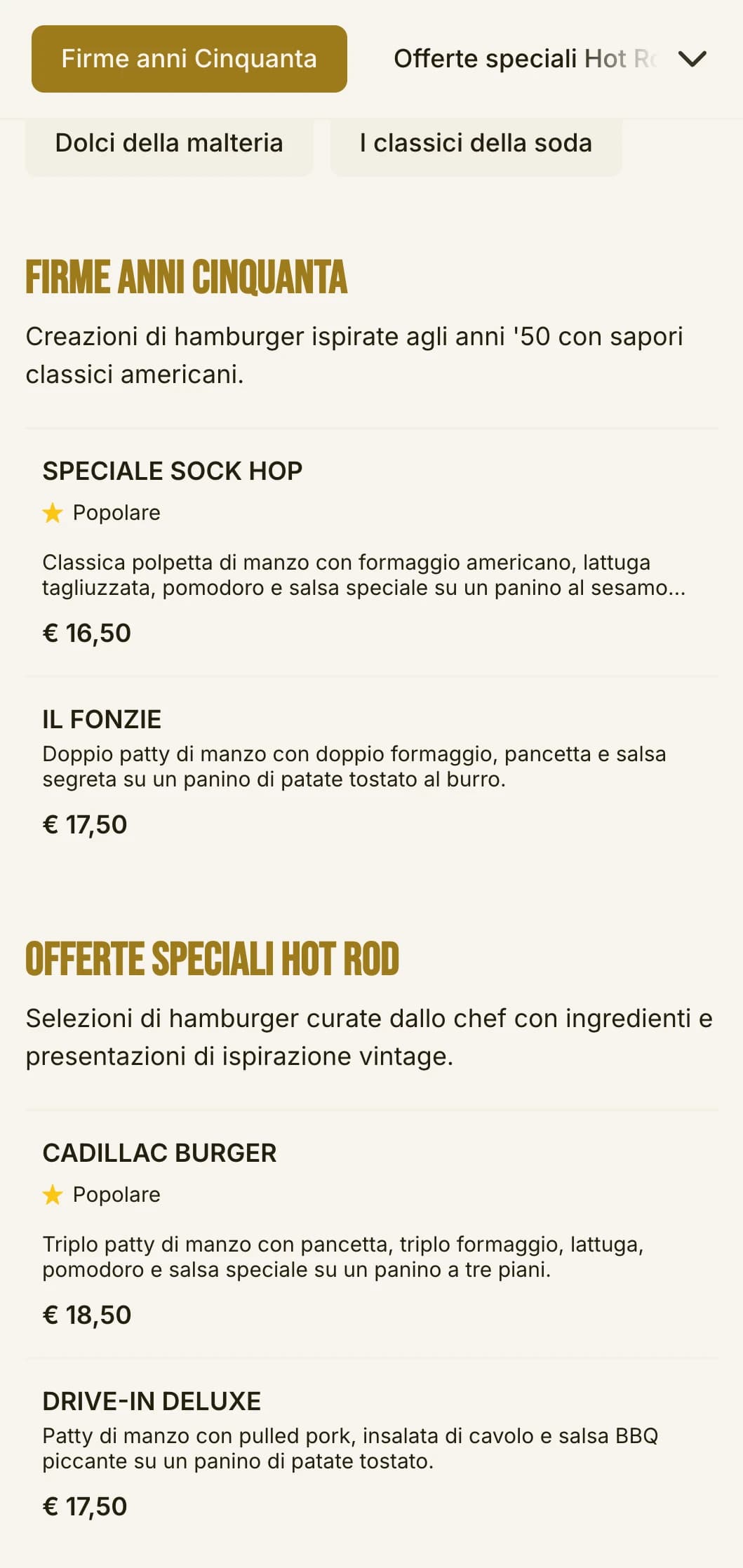 Negozio di hamburger ispirato agli anni '50 con motivi a scacchiera ed elementi nostalgici di un negozio di bibite.