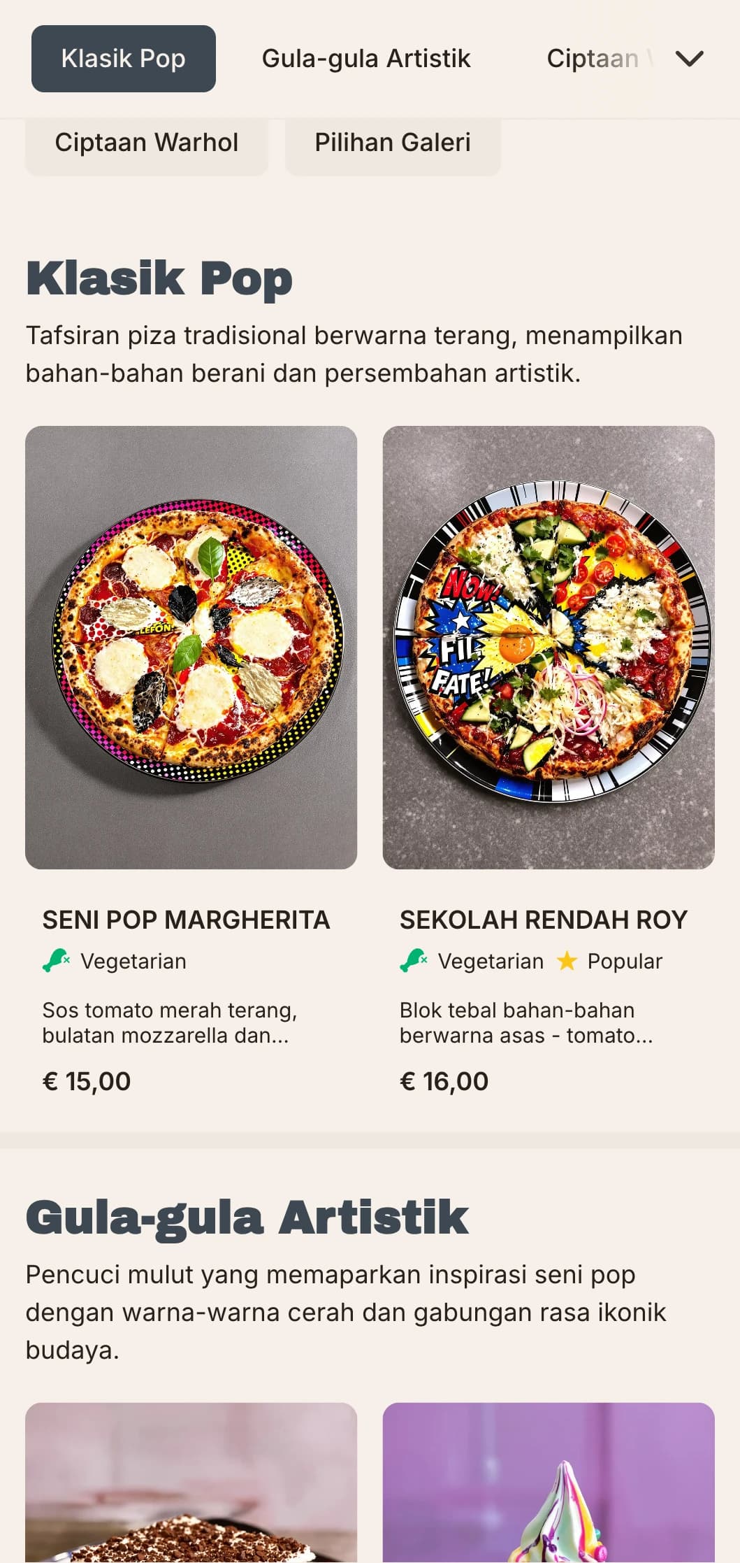 Menu piza yang diinspirasikan oleh Andy Warhol dengan unsur seni pop dan estetika retro-moden.