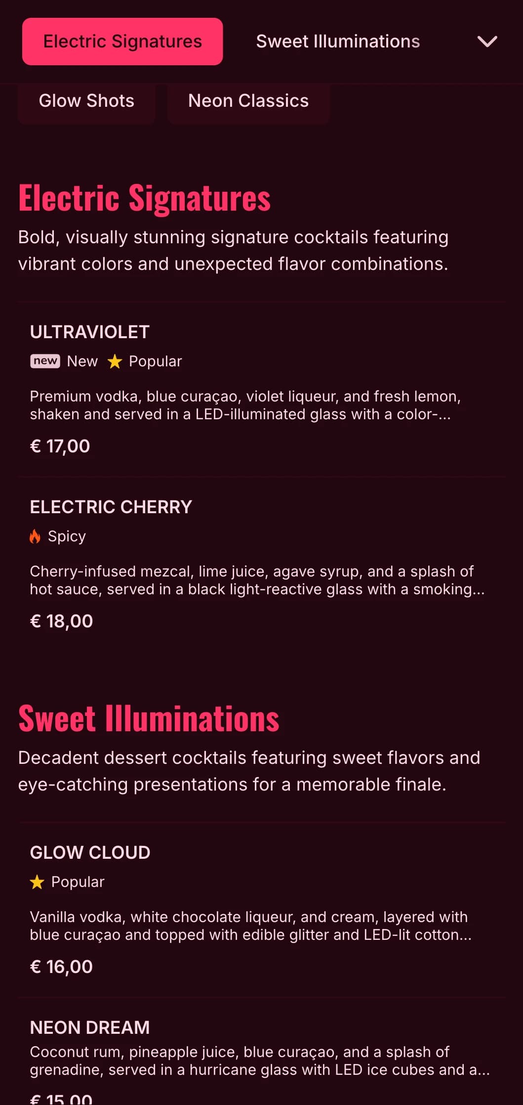 A bold, vibrant menu design inspired by neon nightlife, perfect for contemporary cocktail bars and nightclubs.