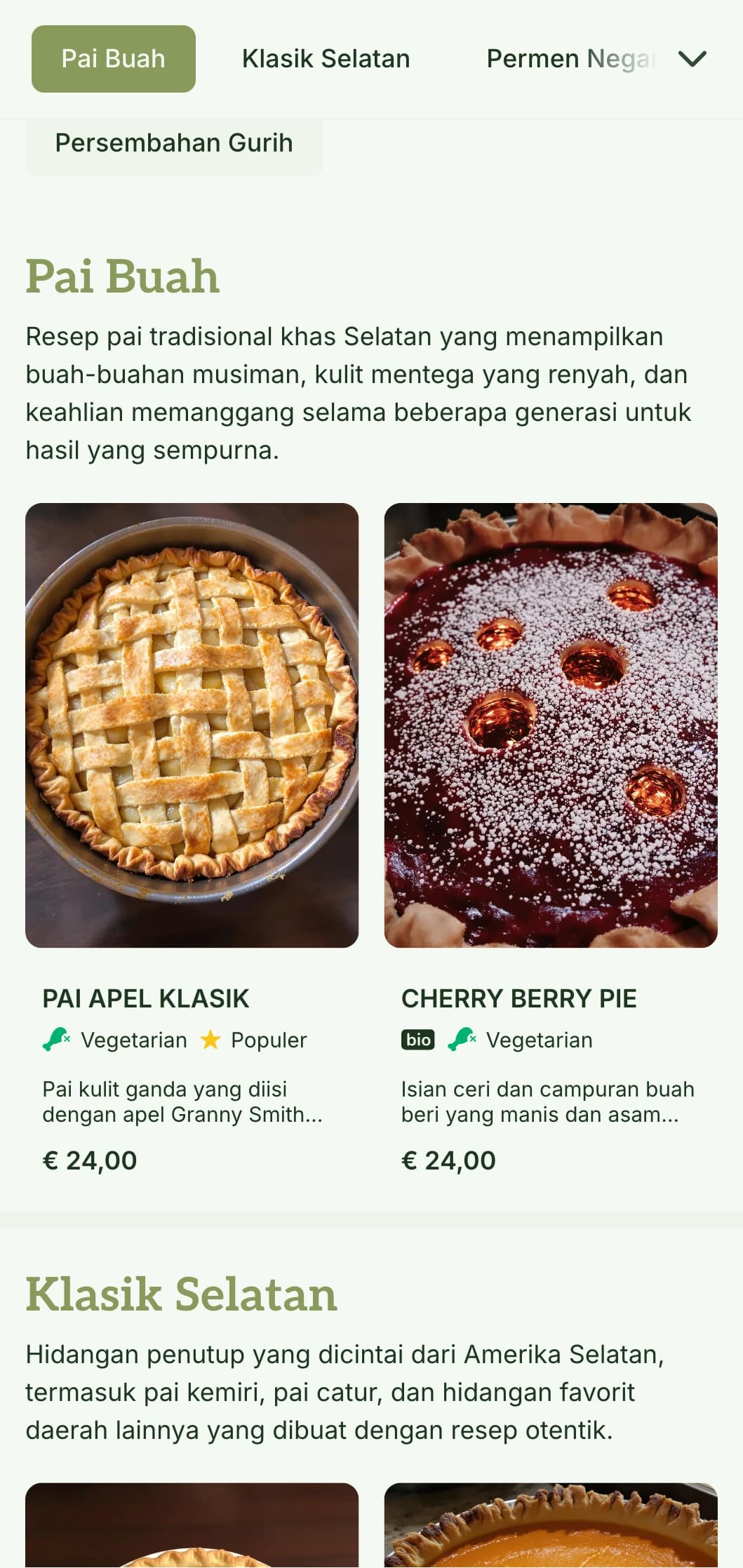 Desain menu roti yang hangat dan terinspirasi dari Selatan dengan warna zaitun dan tipografi tradisional, cocok untuk toko kue dan toko roti bergaya Selatan.