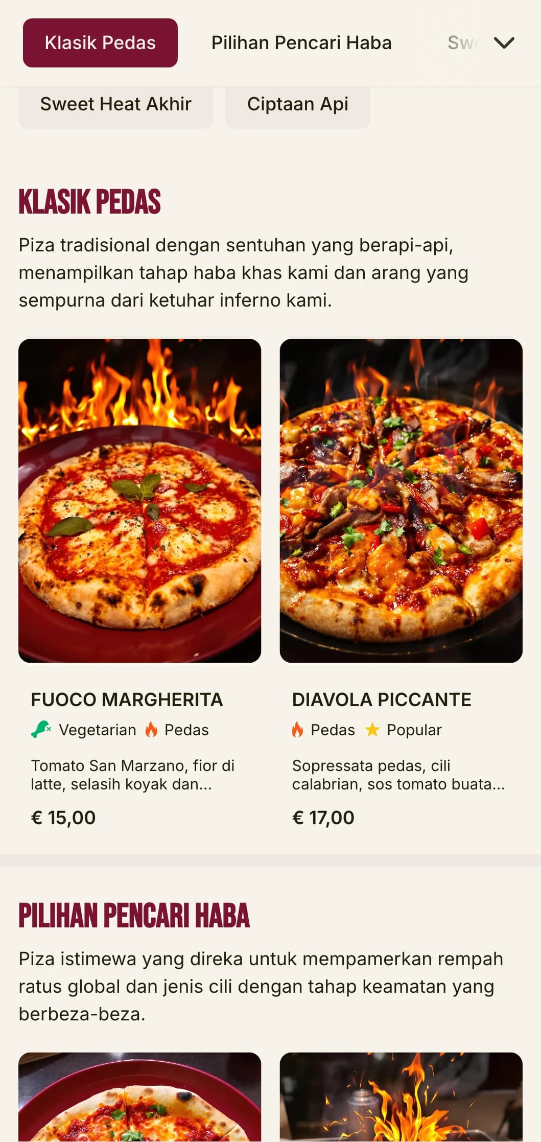 Menu piza bertenaga tinggi dengan tipografi berani dan warna-warna cerah untuk pakar piza pedas.
