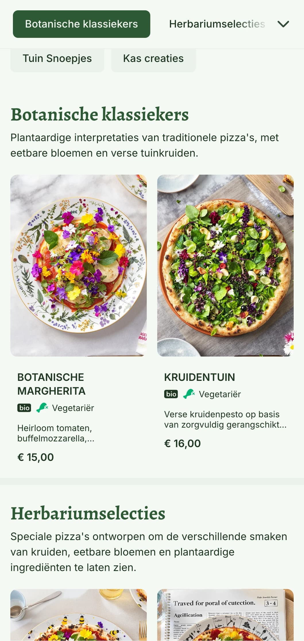 Plantaardig pizzamenu met botanische illustraties en natuurlijke ontwerpelementen.