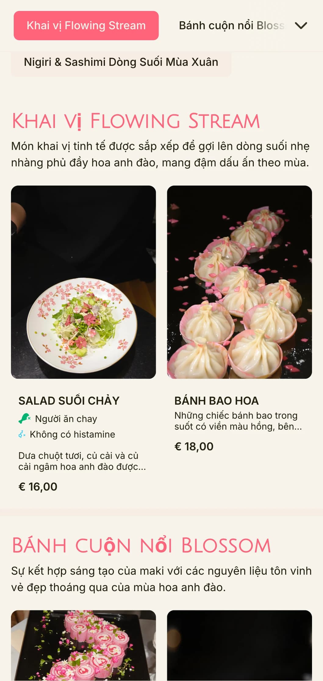 Thực đơn sushi lấy cảm hứng từ hoa anh đào với điểm nhấn màu hồng nhẹ nhàng và các yếu tố tự nhiên.