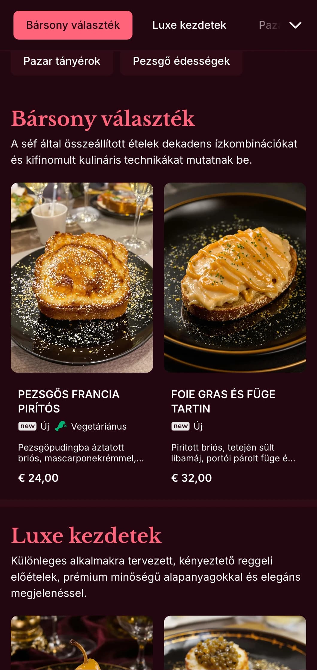 Gazdag, fényűző brunch sablon mély színekkel, előkelő hétvégi brunchokhoz, koktélpárosításokkal.