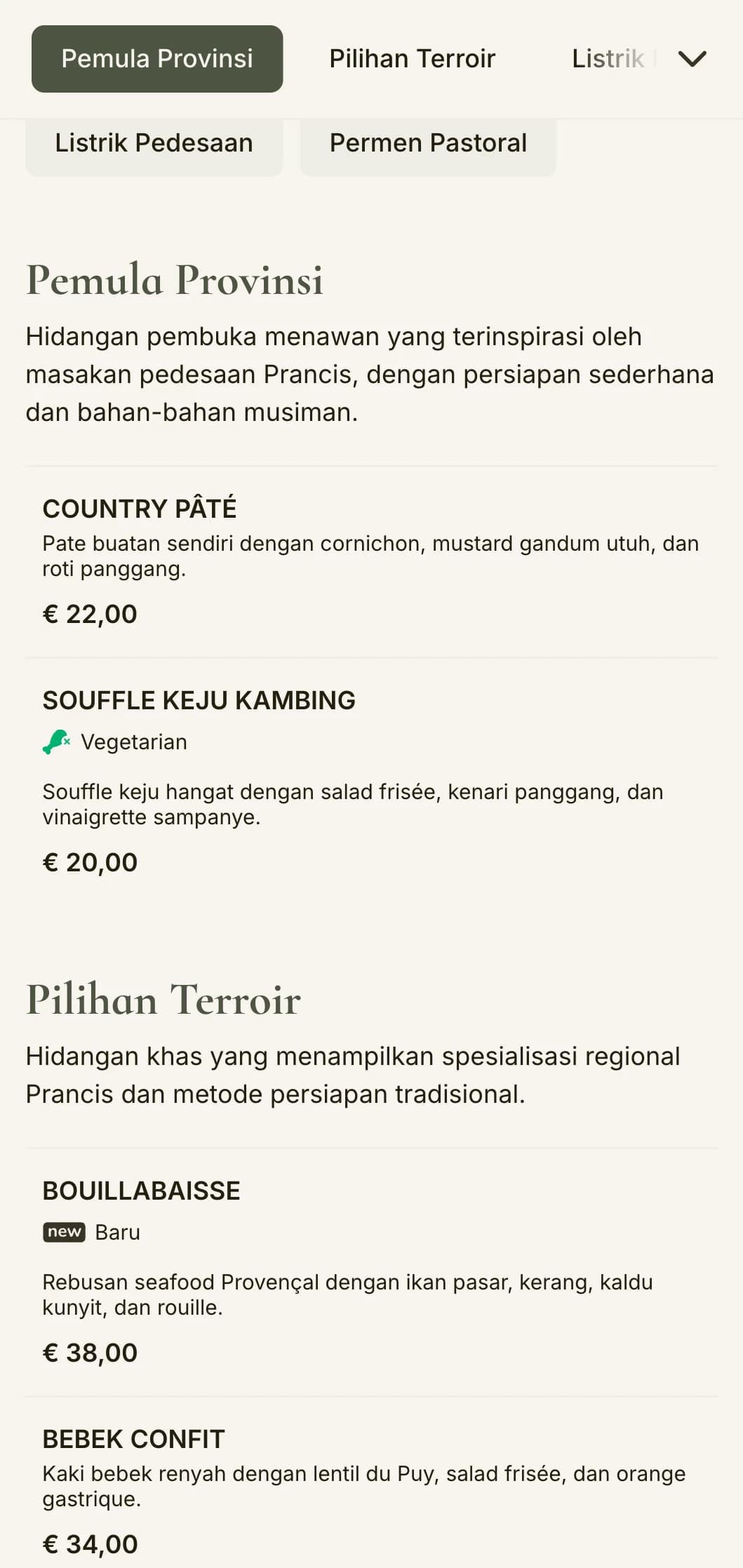 Menu makan malam menawan yang terinspirasi oleh estetika pedesaan Prancis, menampilkan warna hijau yang bijak dan keanggunan pedesaan.