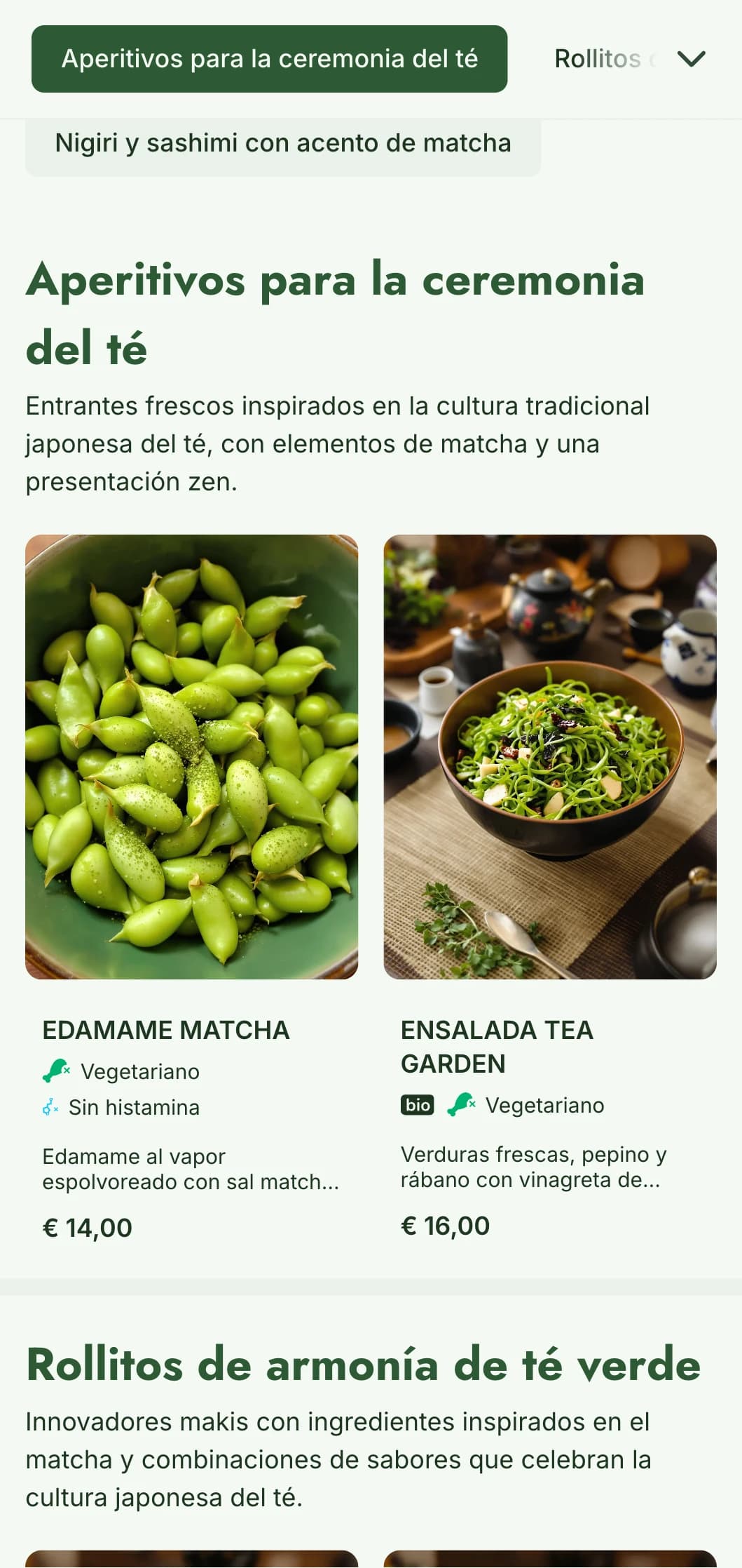 Menú de sushi contemporáneo con vibrantes tonos verdes matcha para establecimientos preocupados por la salud e inspirados en el té.