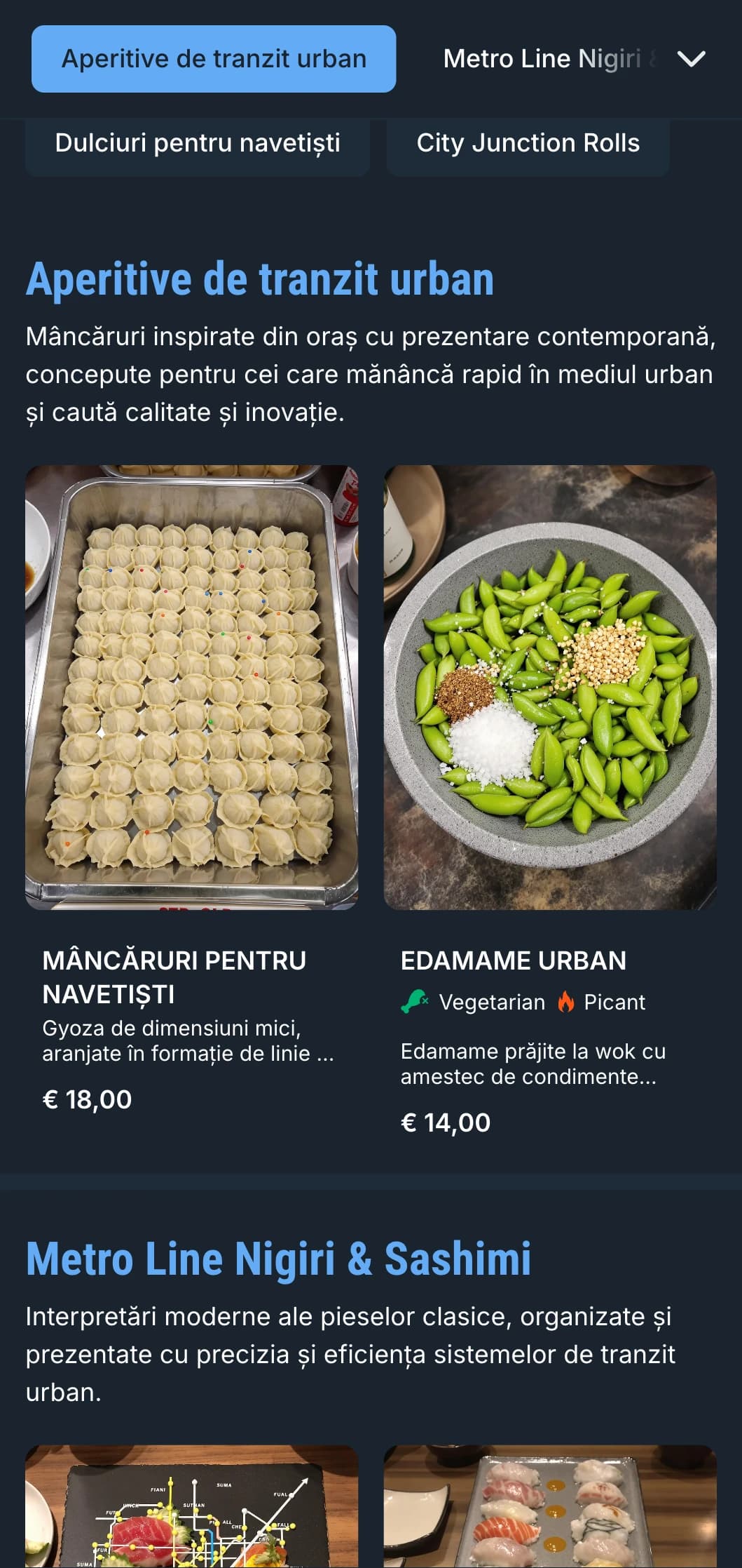 Meniu sushi urban, inspirat de metrou, cu accente albastre reci și tipografie contemporană pentru locațiile din centrul orașului.