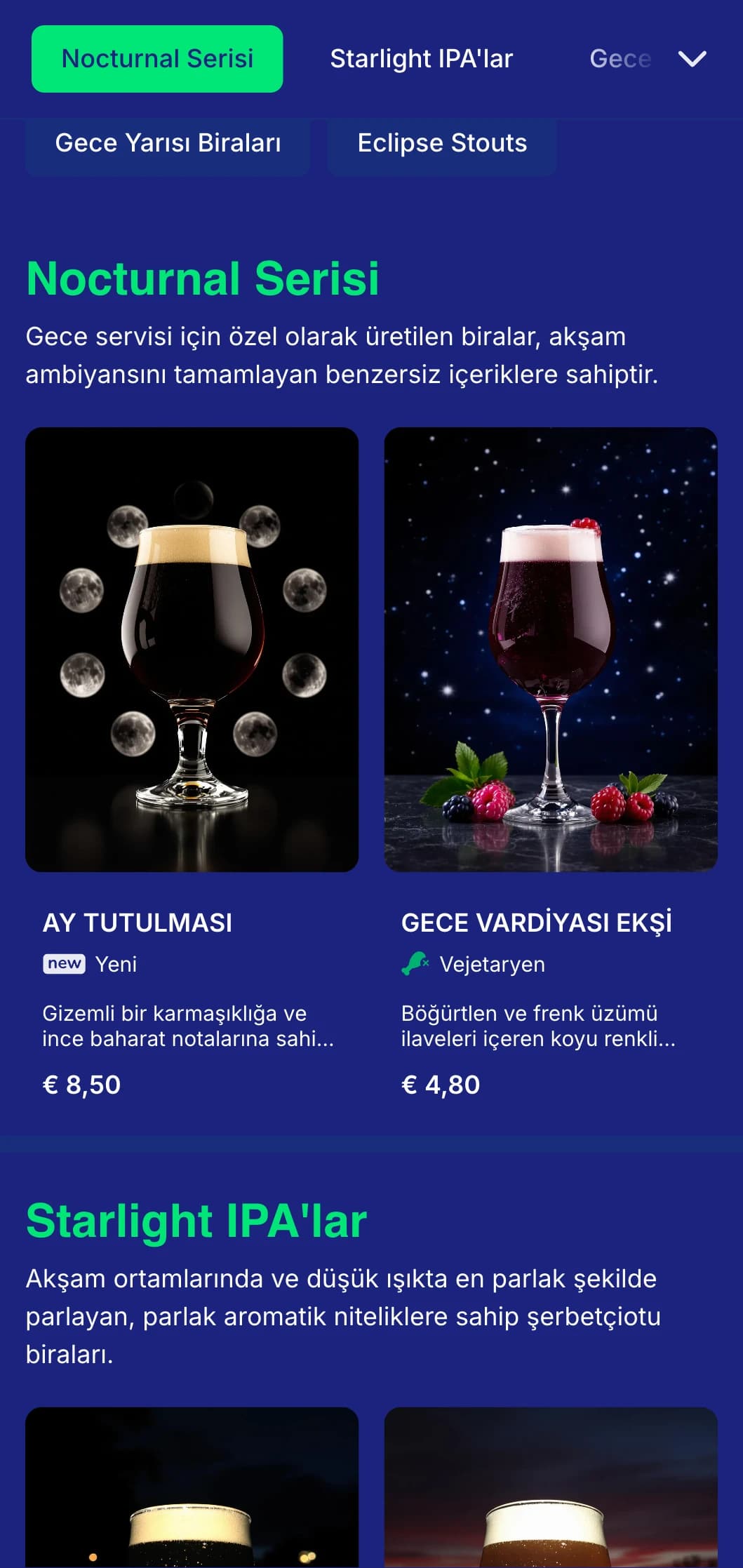 Gece mavisi tonları ve ay öğeleri içeren karanlık ve gizemli tasarım, akşam odaklı işletmeler ve gece birahaneleri için ideal.