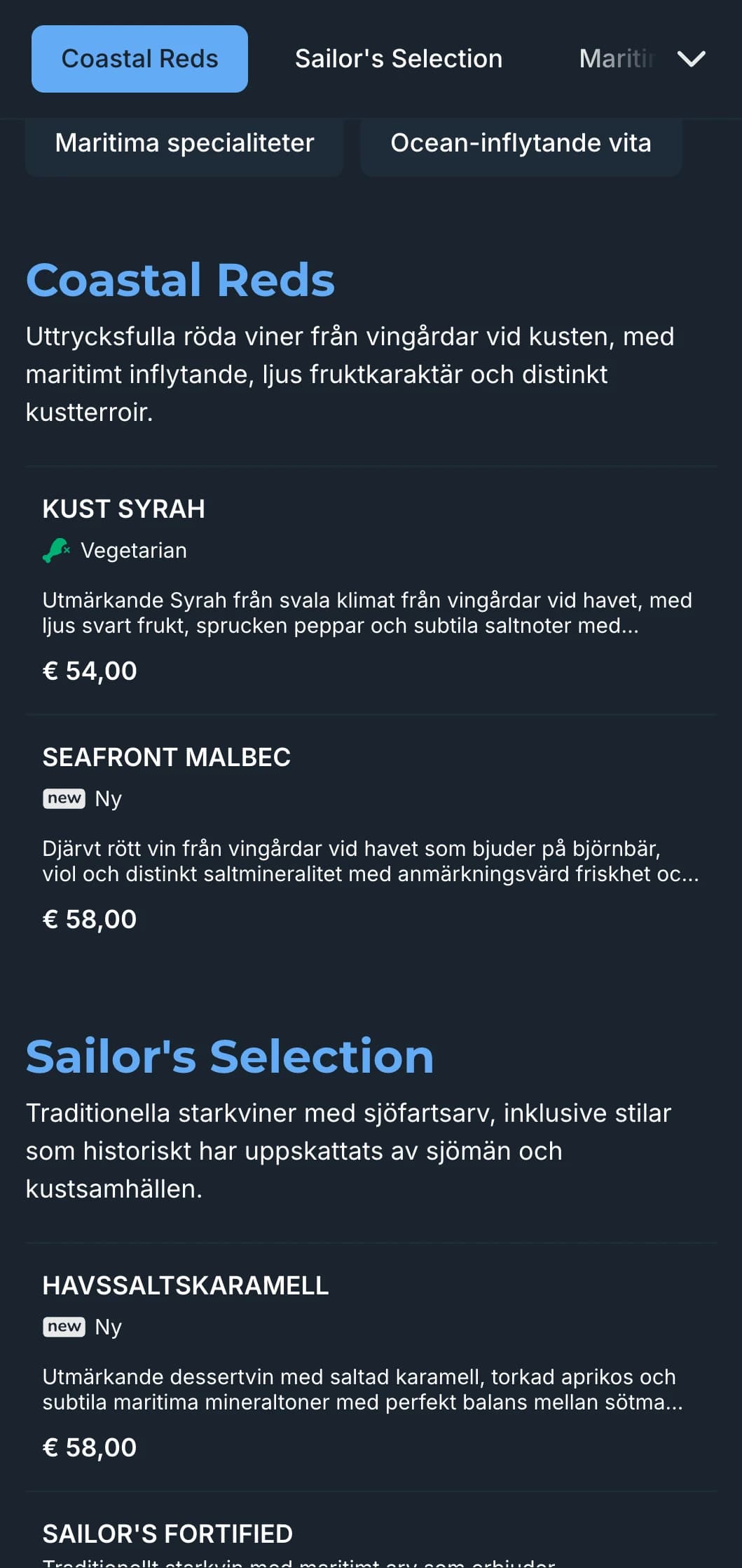 Medelhavsinspirerad mall för mörk vinlista med livfulla blå accenter, perfekt för kvällsöppna kustrestauranger och vinupplevelser vid havet.